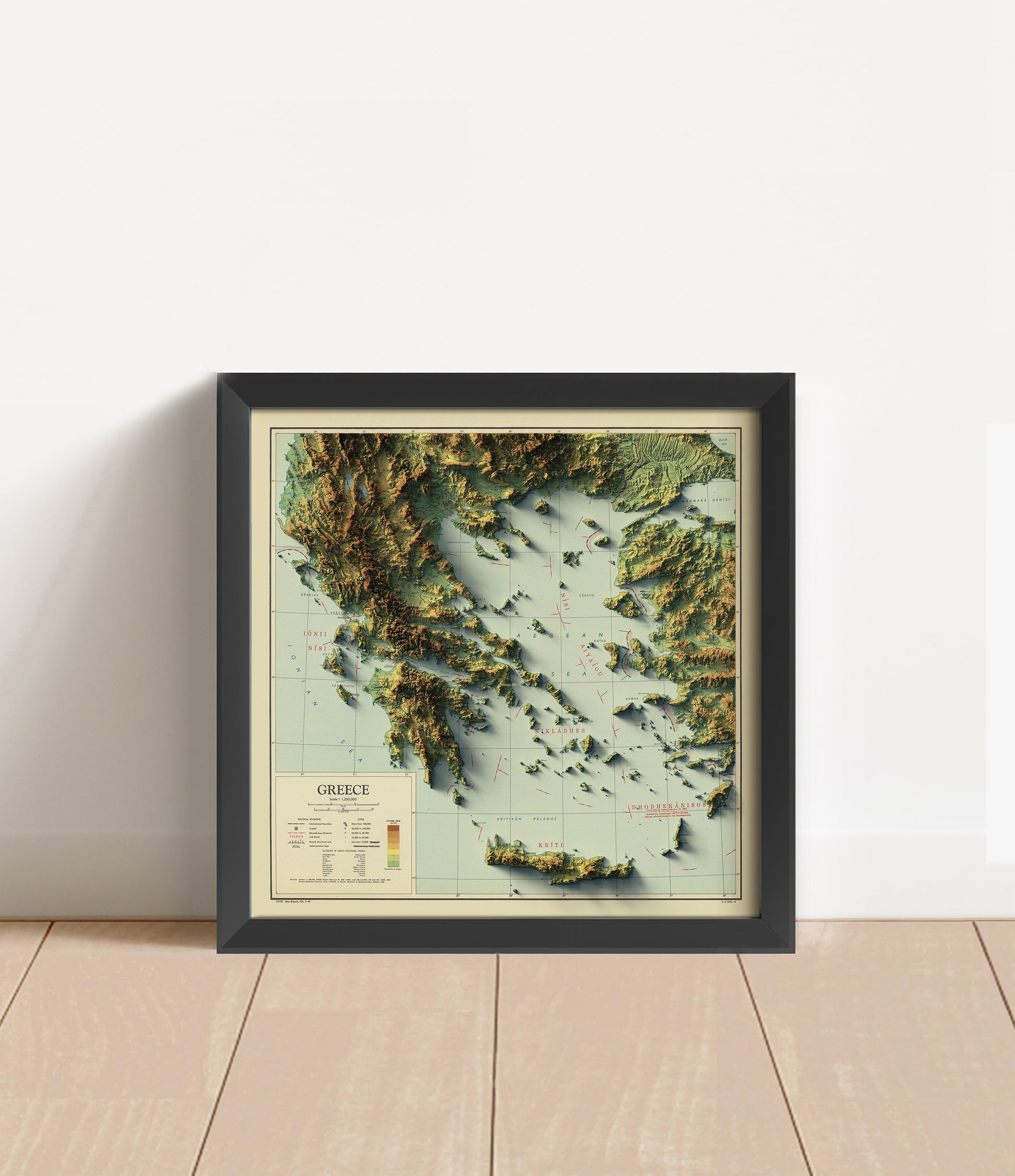 Vintage Greece shaded relief map in black frame. Artistic print with realistic terrain effect for wall decor
