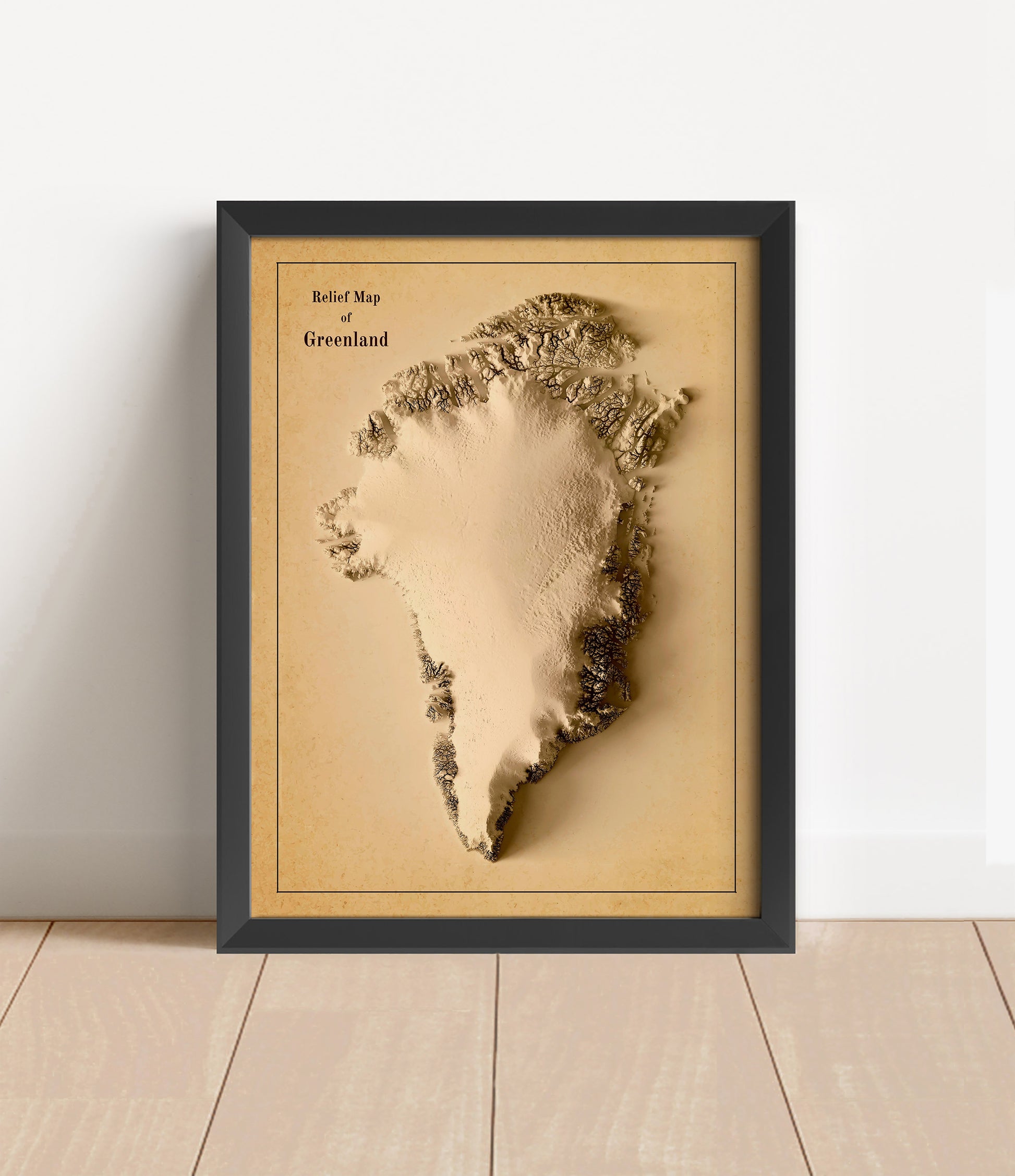 Vintage Greenland shaded relief map in black frame. Artistic print with realistic terrain effect for wall decor