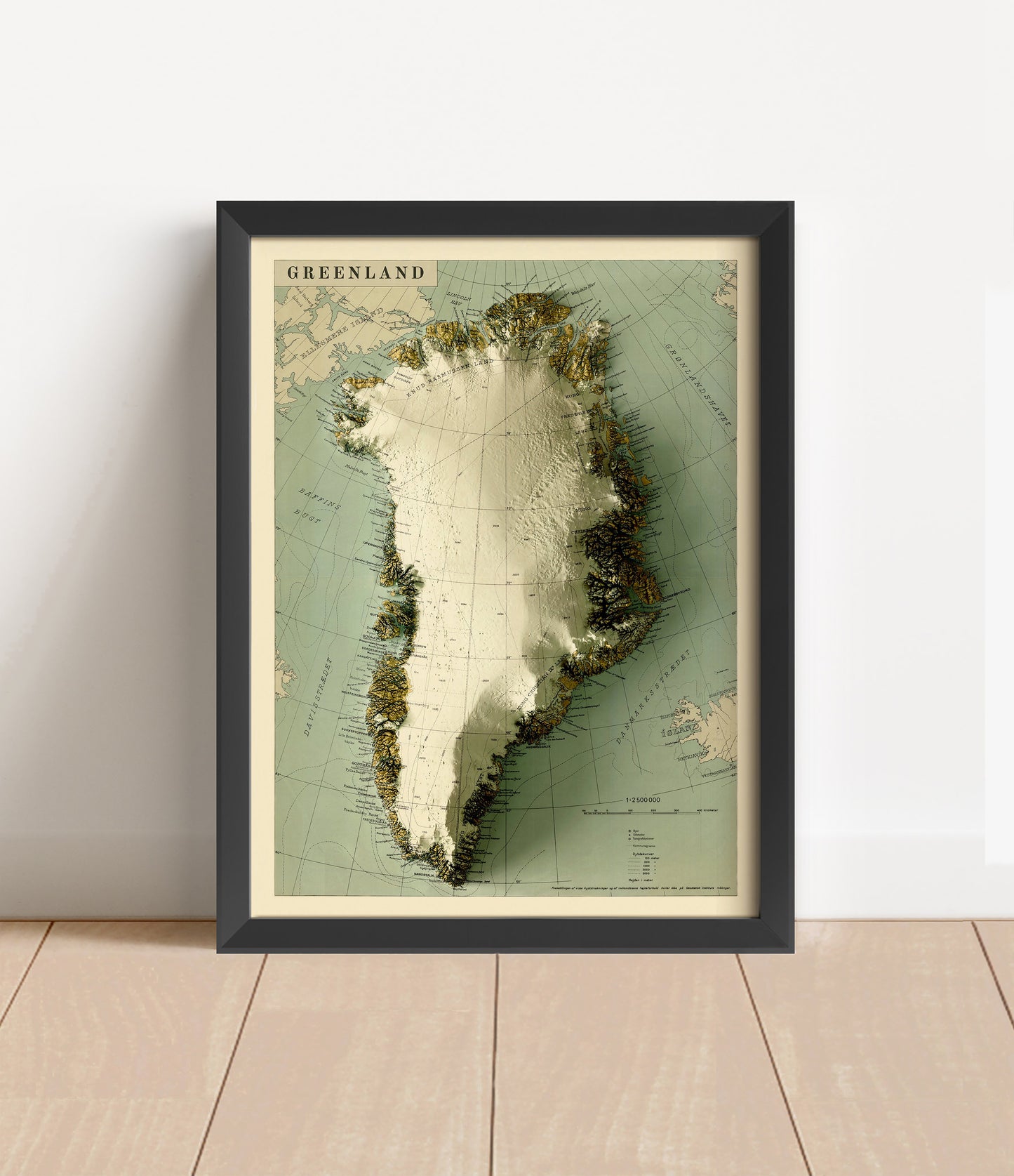 Vintage Greenland shaded relief map in black frame. Artistic print with realistic terrain effect for wall decor