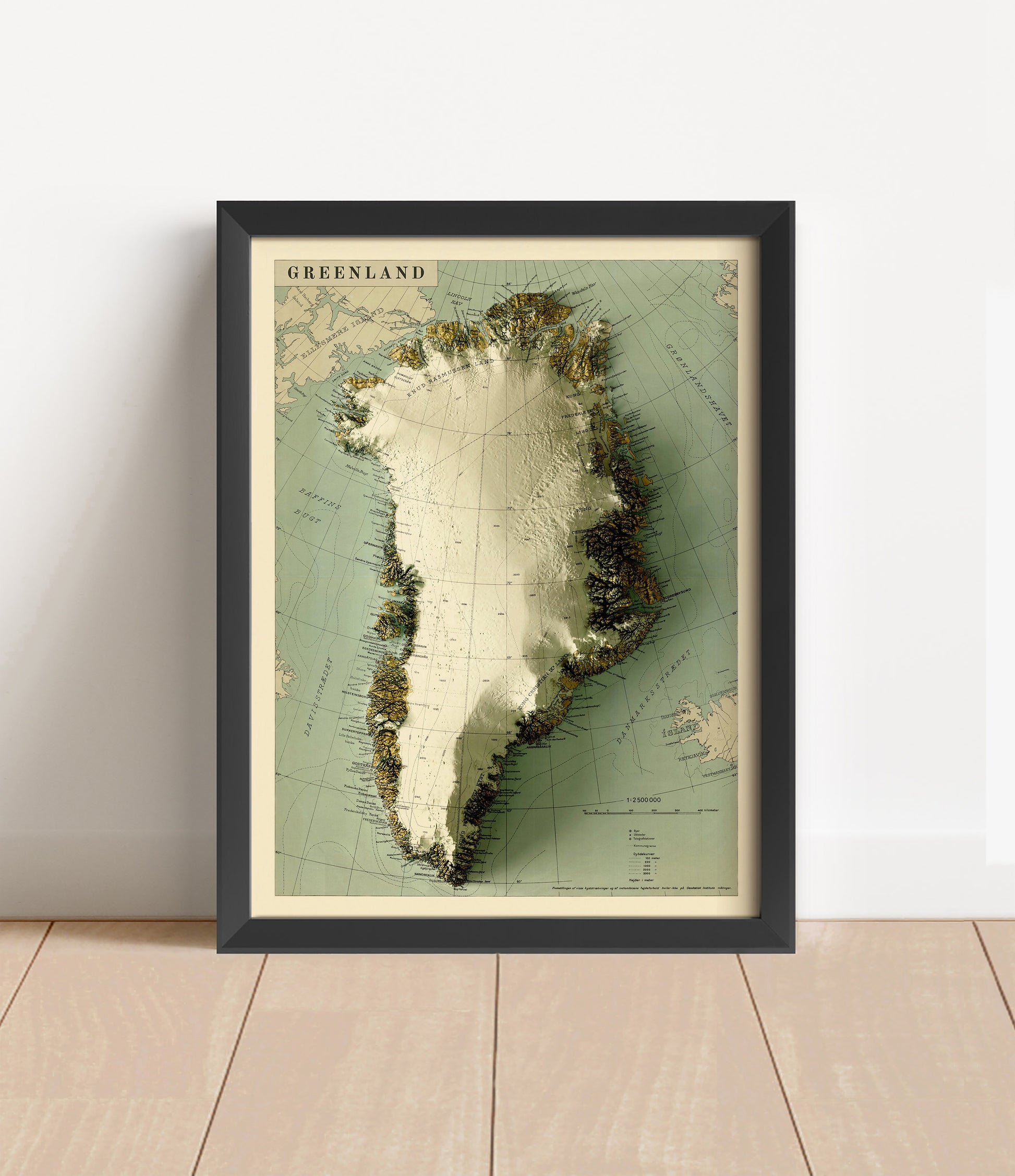 Vintage Greenland shaded relief map in black frame. Artistic print with realistic terrain effect for wall decor