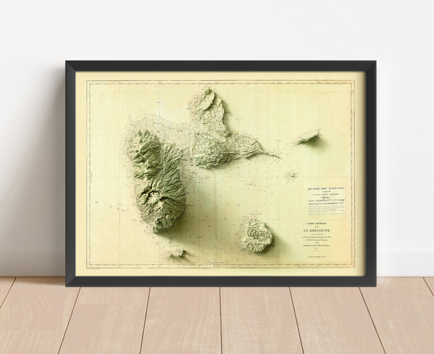 Vintage Guadeloupe, France, shaded relief map in black frame. Artistic print with realistic terrain effect for wall decor