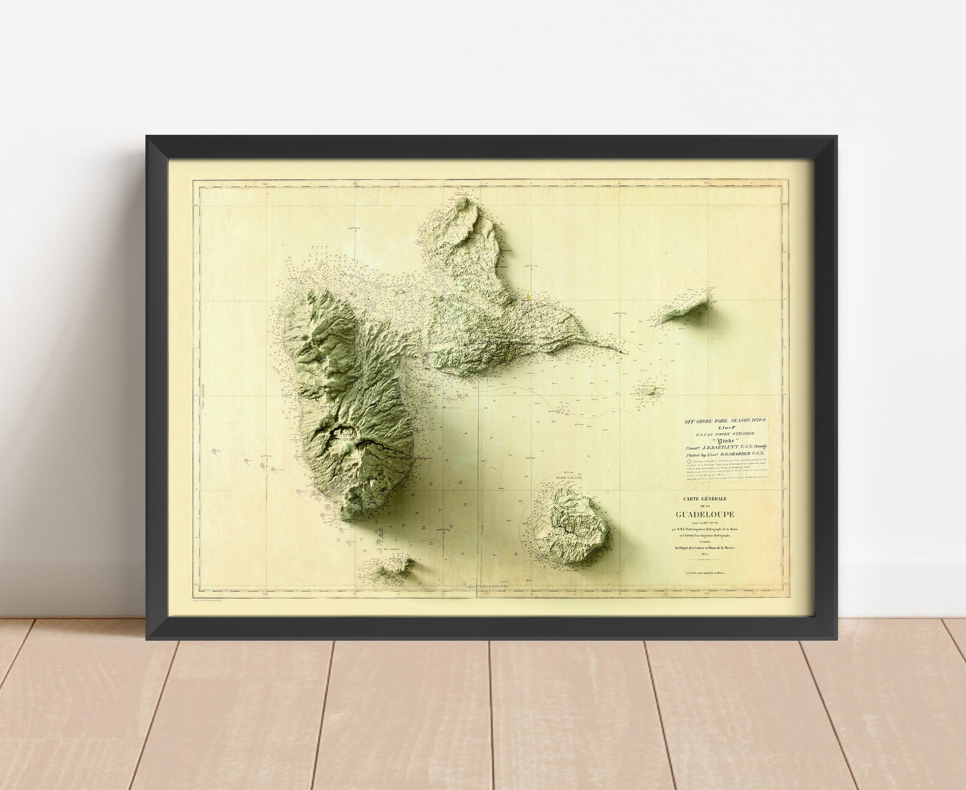 Vintage Guadeloupe, France, shaded relief map in black frame. Artistic print with realistic terrain effect for wall decor