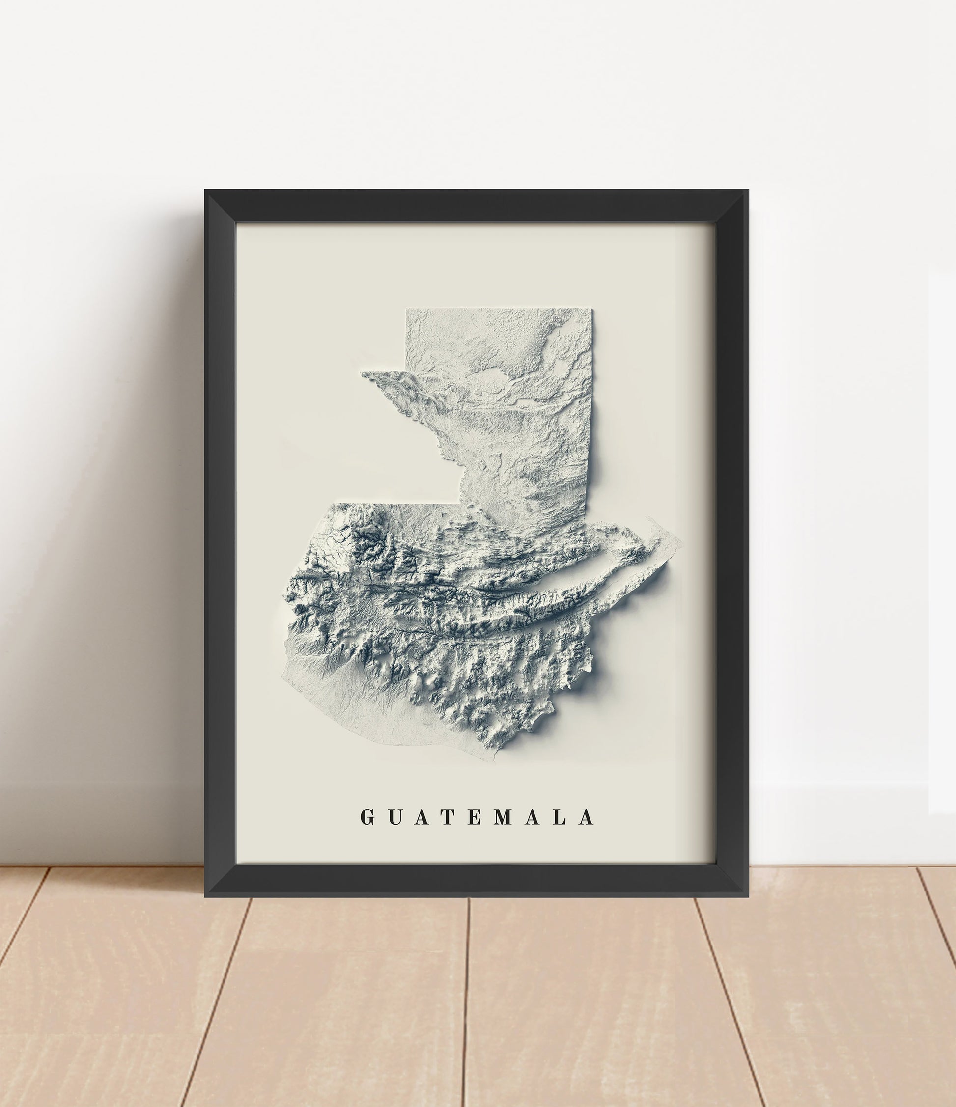 Vintage Guatemala shaded relief map in black frame. Artistic print with realistic terrain effect for wall decor