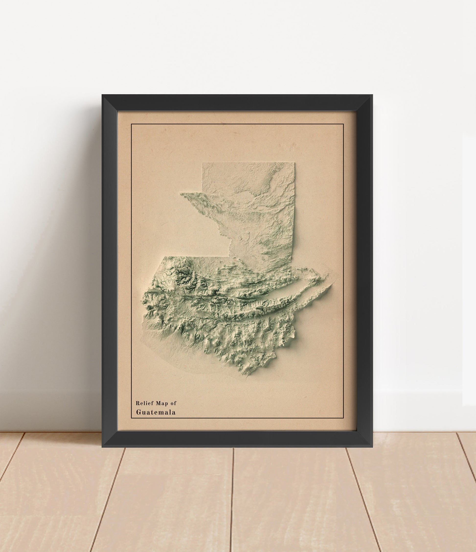 Vintage Guatemala shaded relief map in black frame. Artistic print with realistic terrain effect for wall decor