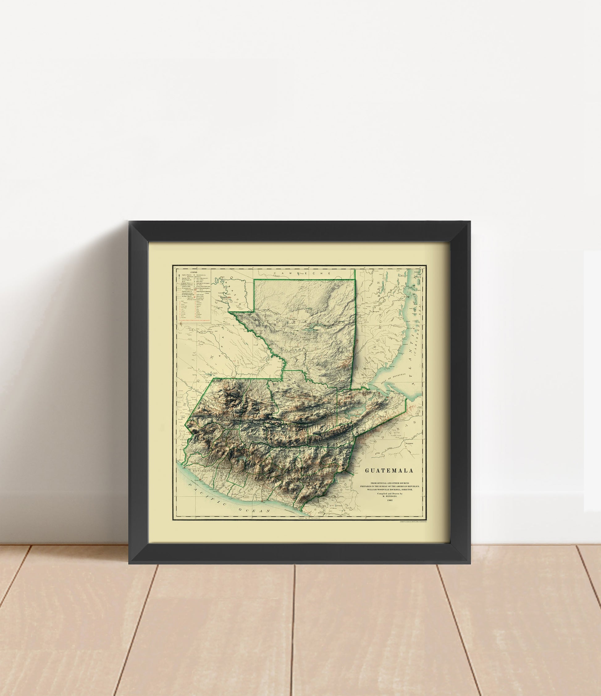 Vintage Guatemala shaded relief map in black frame. Artistic print with realistic terrain effect for wall decor