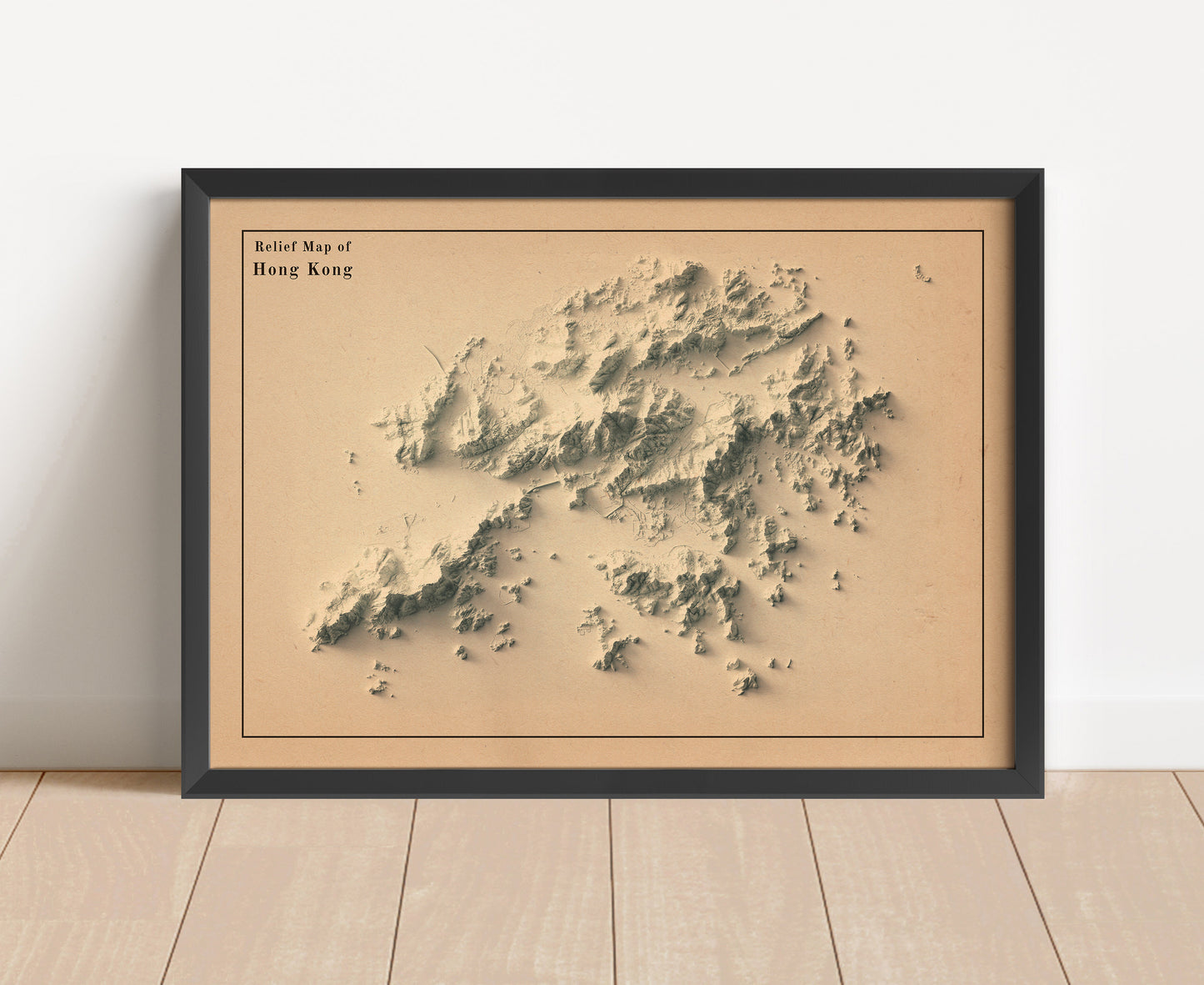 Vintage Hong Kong shaded relief map in black frame. Artistic print with realistic terrain effect for wall decor