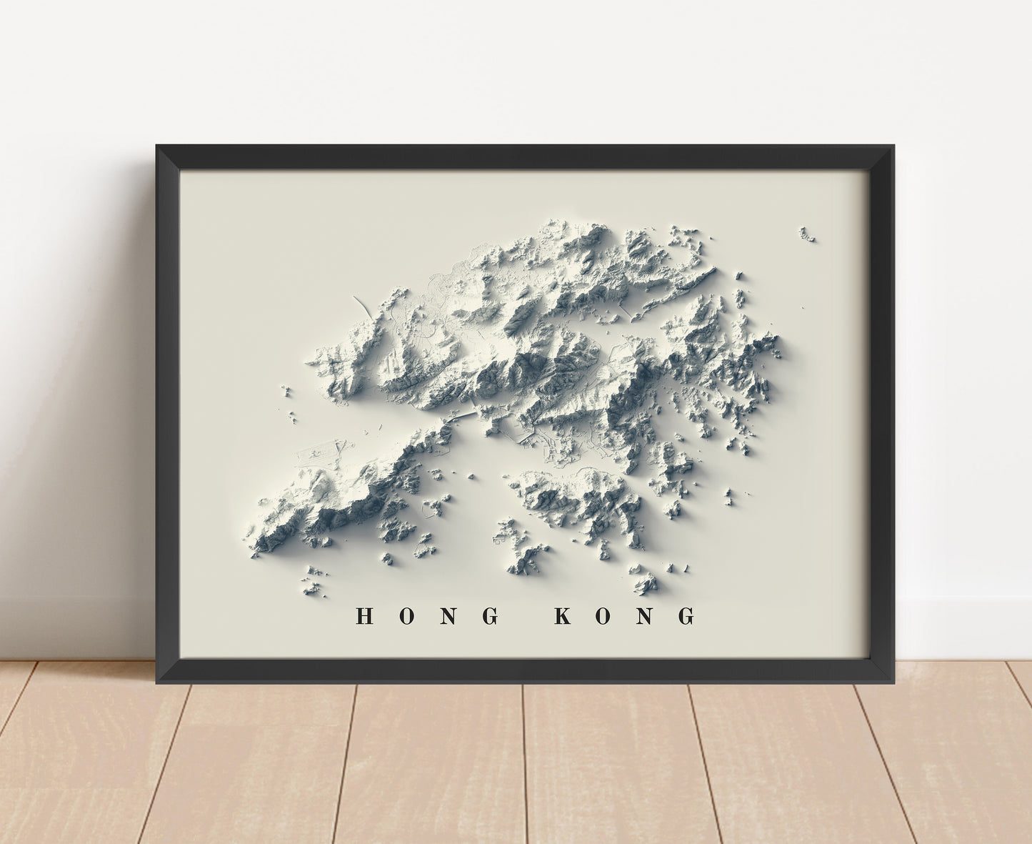 Hong Kong shaded relief map in black frame. Artistic print with realistic terrain effect for wall decor