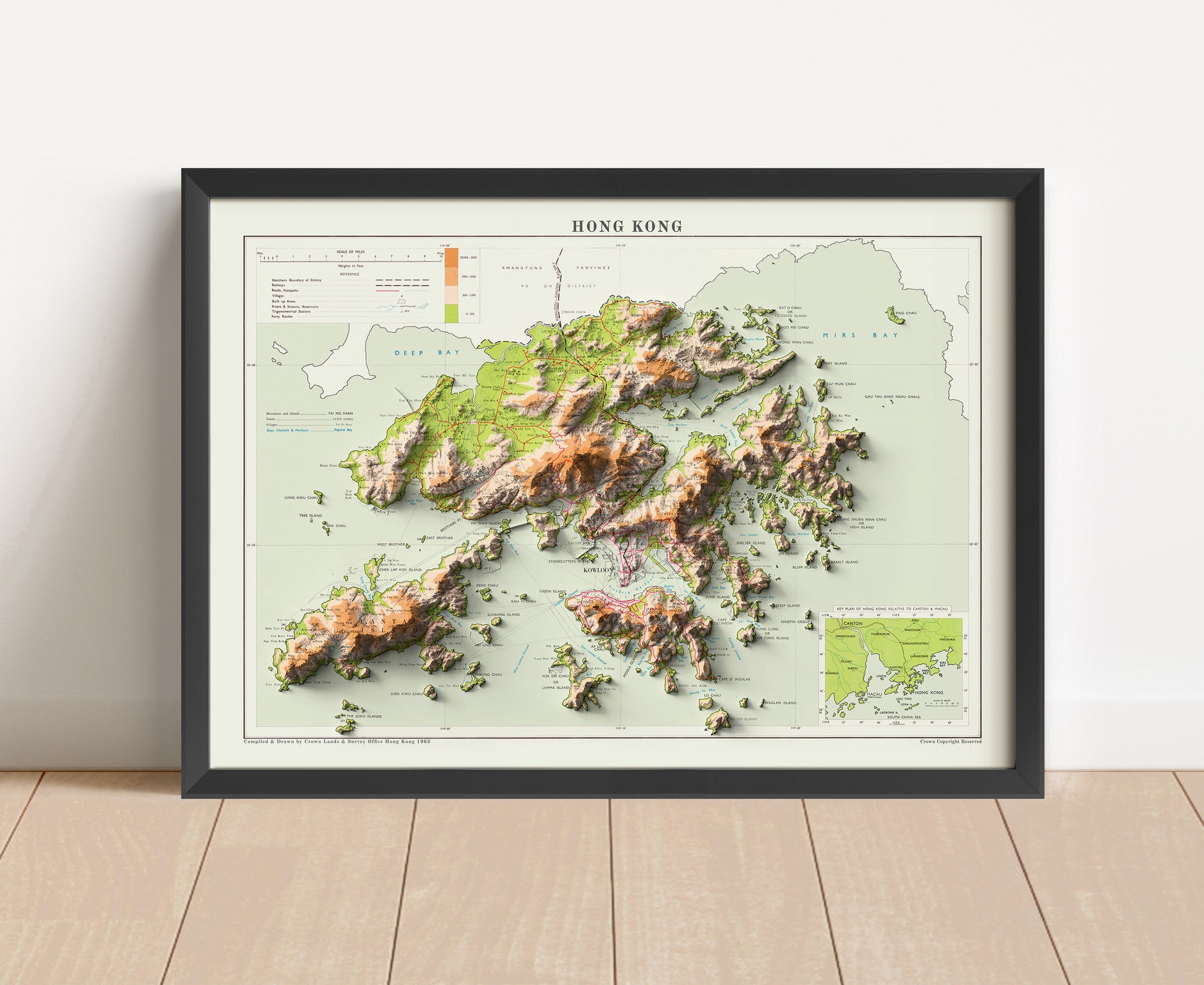 Vintage Hong Kong shaded relief map in black frame. Artistic print with realistic terrain effect for wall decor
