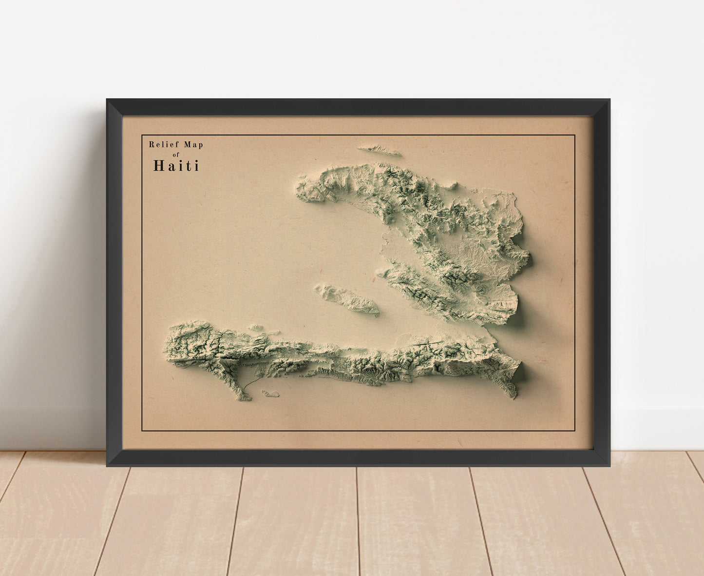 Vintage Haiti shaded relief map in black frame. Artistic print with realistic terrain effect for wall decor