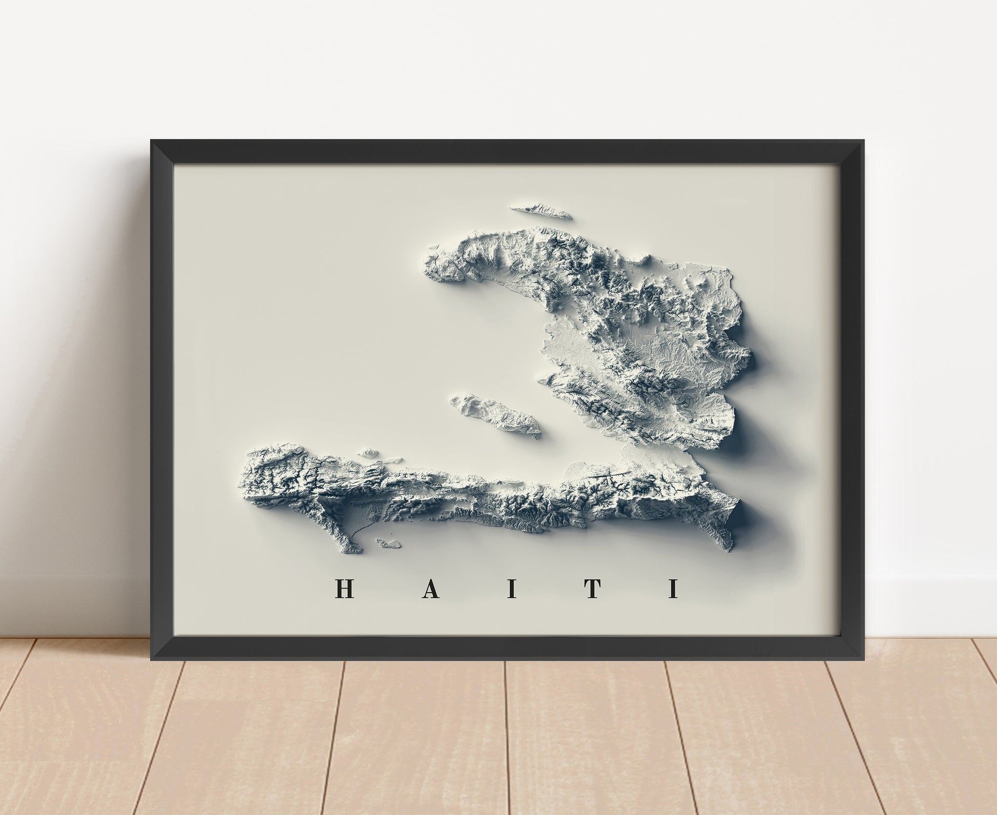 Haiti shaded relief map in black frame. Artistic print with realistic terrain effect for wall decor