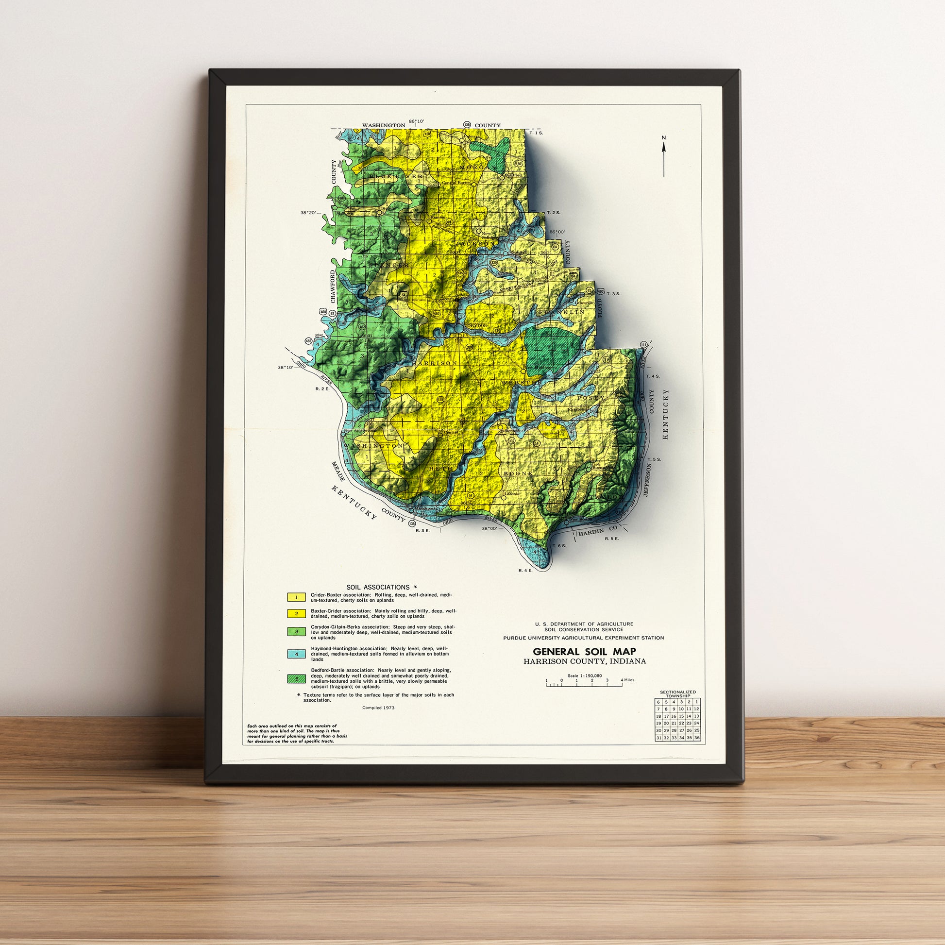 vintage shaded relief map of Harrison County, Indiana