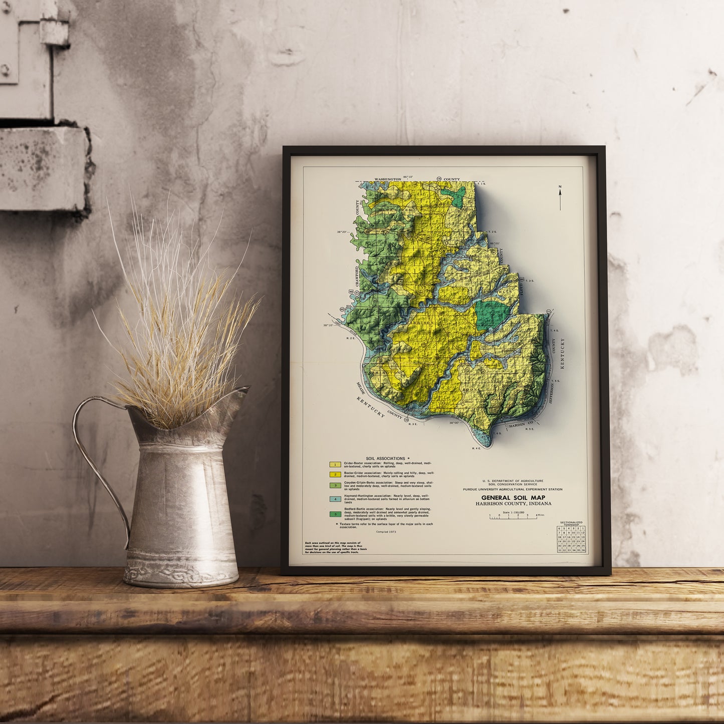 vintage shaded relief map of Harrison County, Indiana