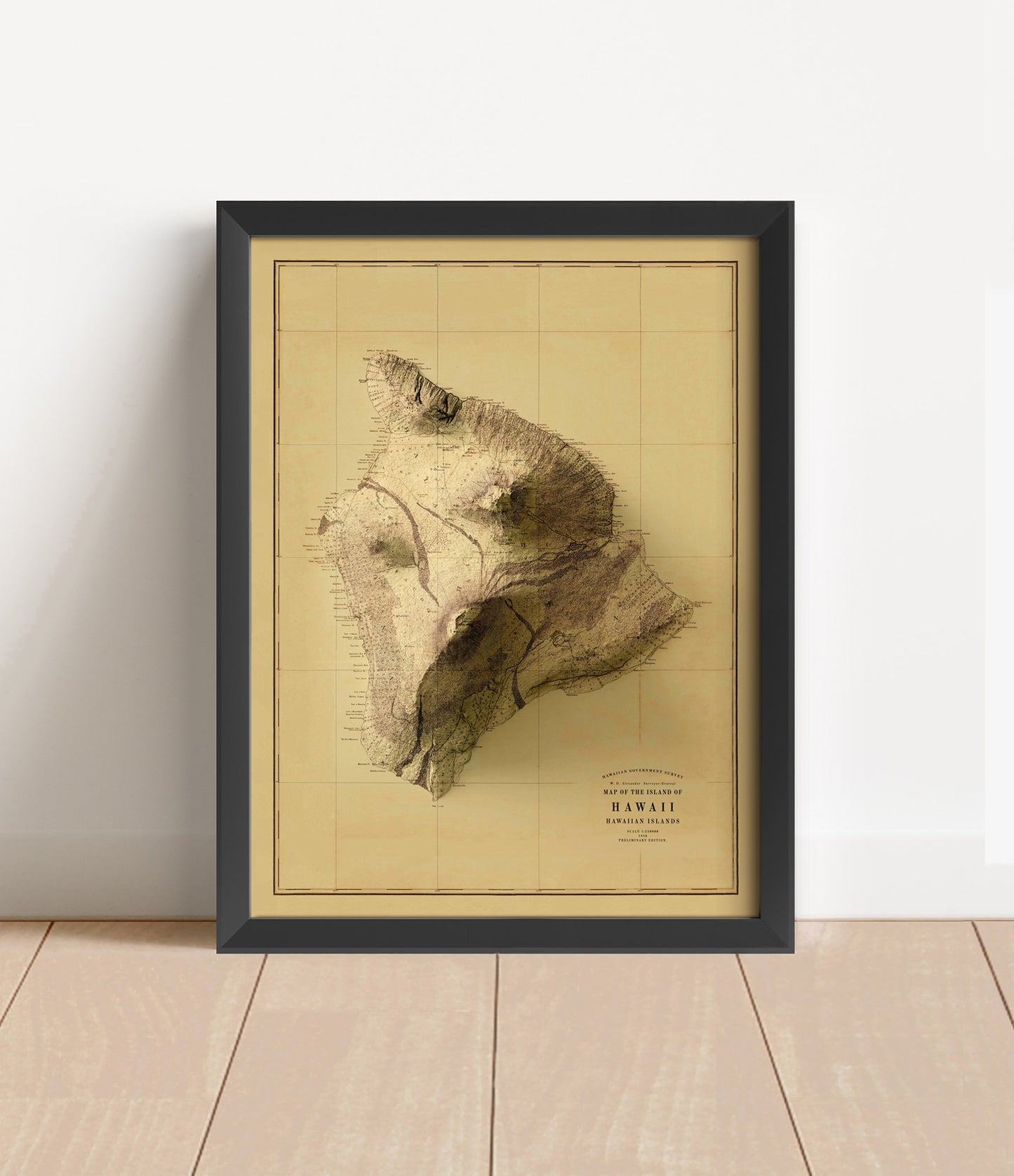 Vintage Hawaii Island shaded relief map in black frame. Artistic print with realistic terrain effect for wall decor