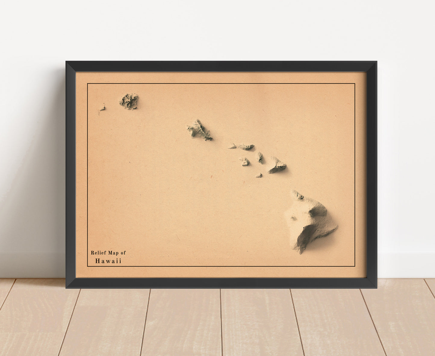 Vintage Hawaii shaded relief map in black frame. Artistic print with realistic terrain effect for wall decor