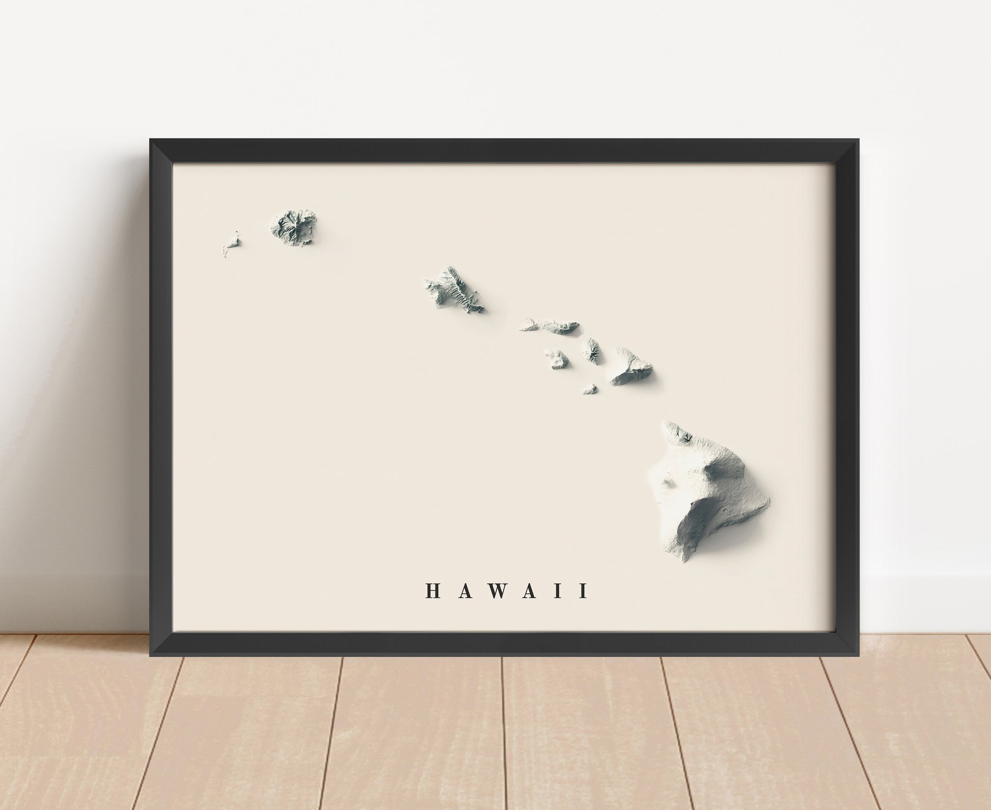 Hawaii shaded relief map in black frame. Artistic print with realistic terrain effect for wall decor