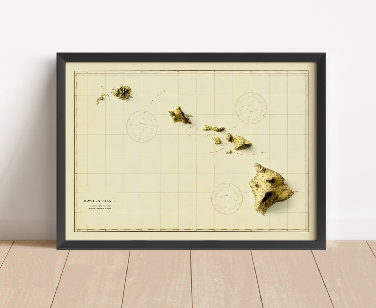Vintage Hawaii shaded relief map in black frame. Artistic print with realistic terrain effect for wall decor