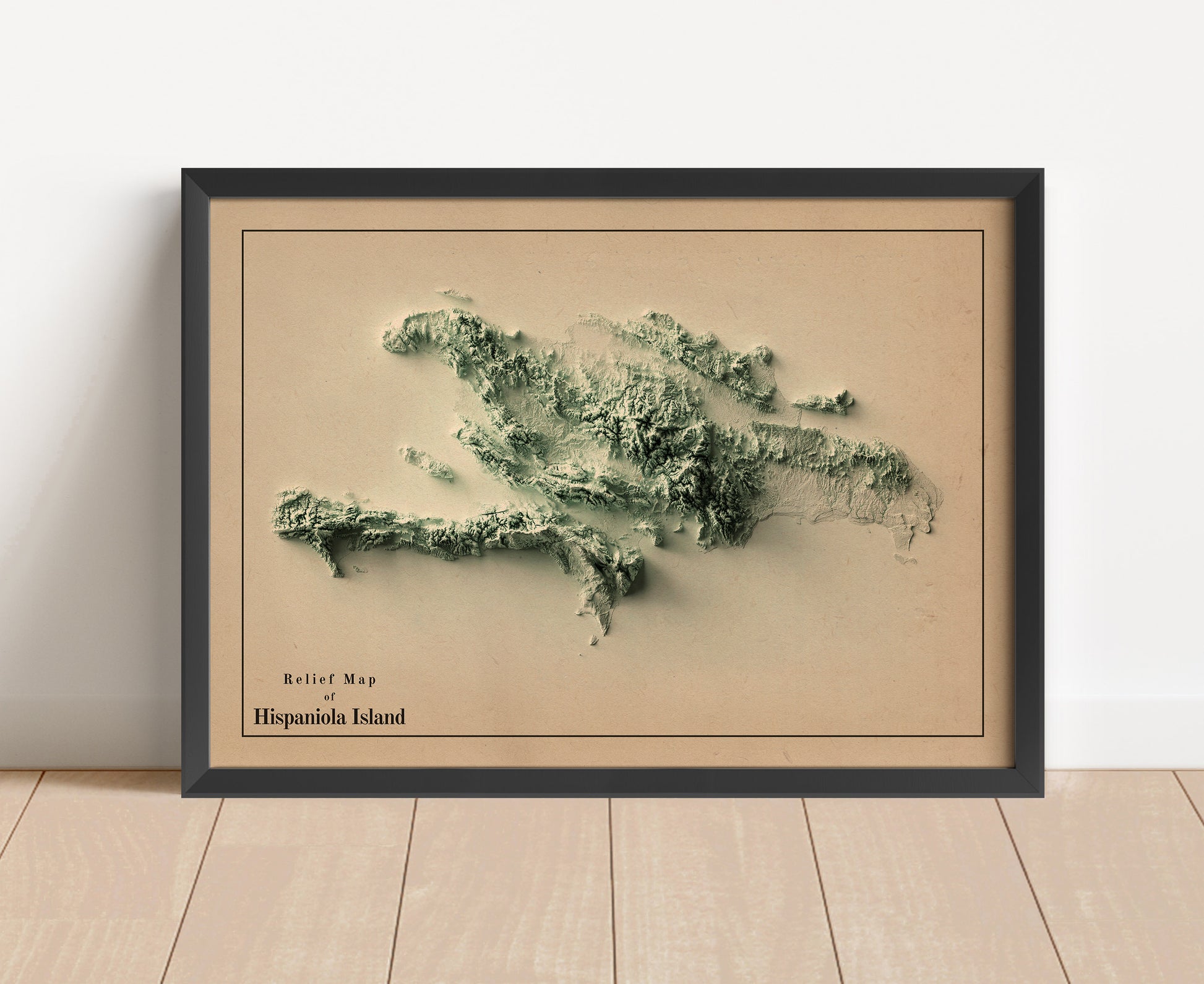 Vintage Hispaniola Island shaded relief map in black frame. Artistic print with realistic terrain effect for wall decor