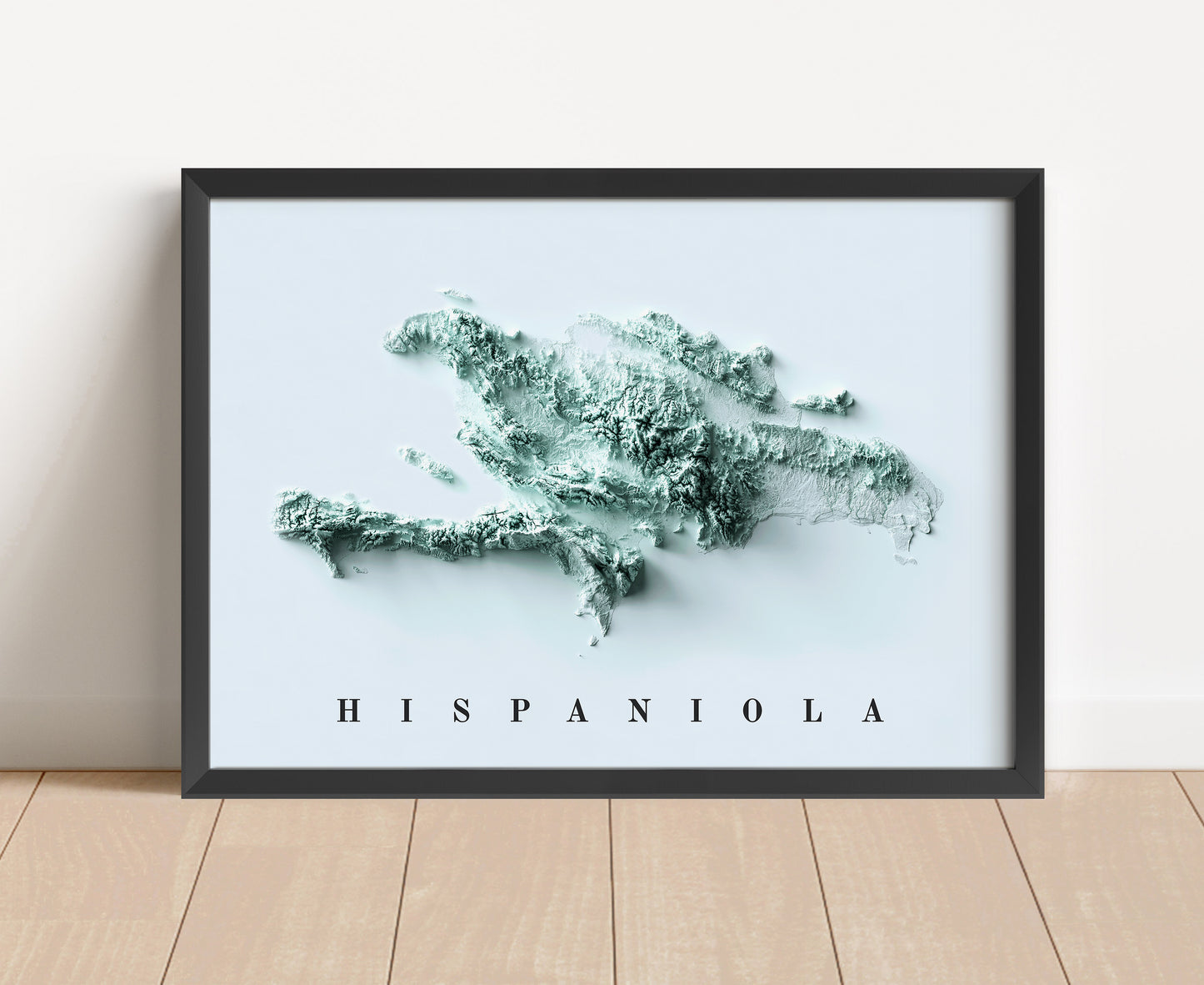 Hispaniola Island shaded relief map in black frame. Artistic print with realistic terrain effect for wall decor