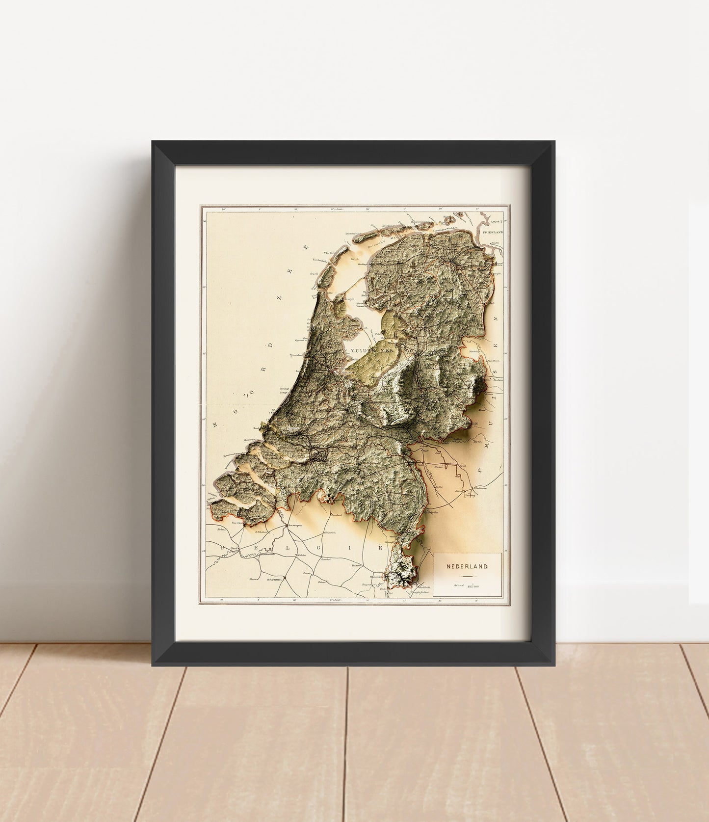 Vintage Netherlands shaded relief map in black frame. Artistic print with realistic terrain effect for wall decor
