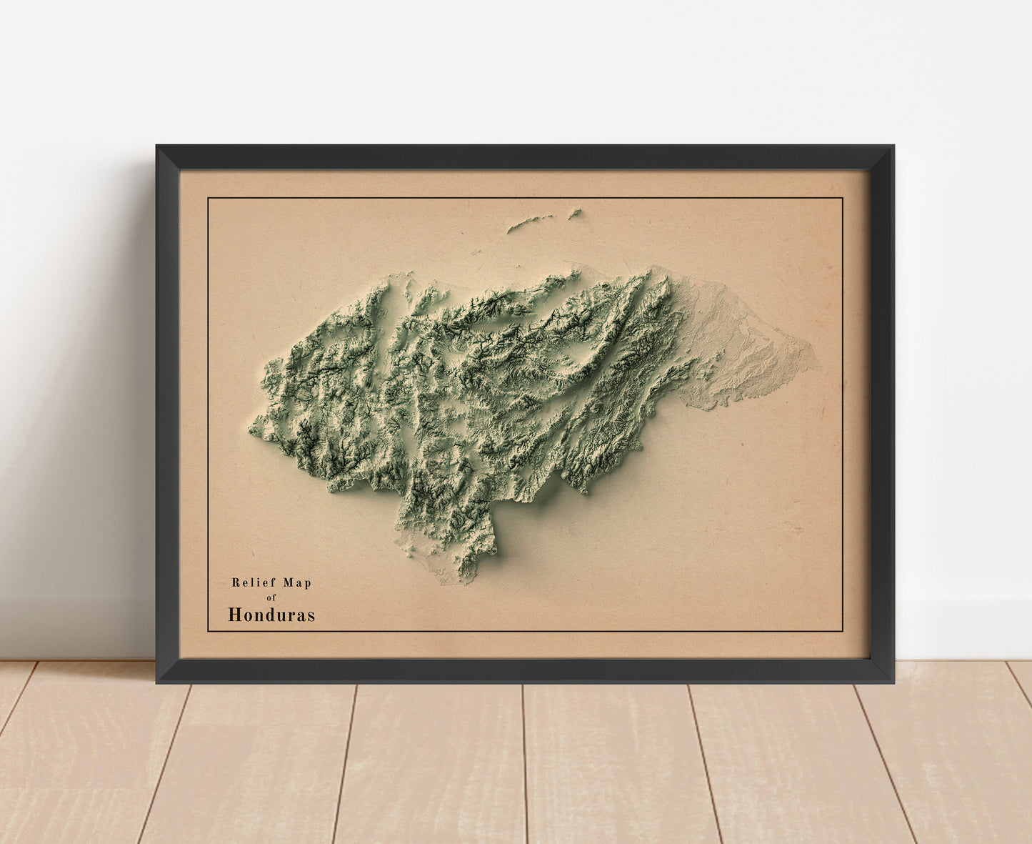 Vintage Honduras shaded relief map in black frame. Artistic print with realistic terrain effect for wall decor