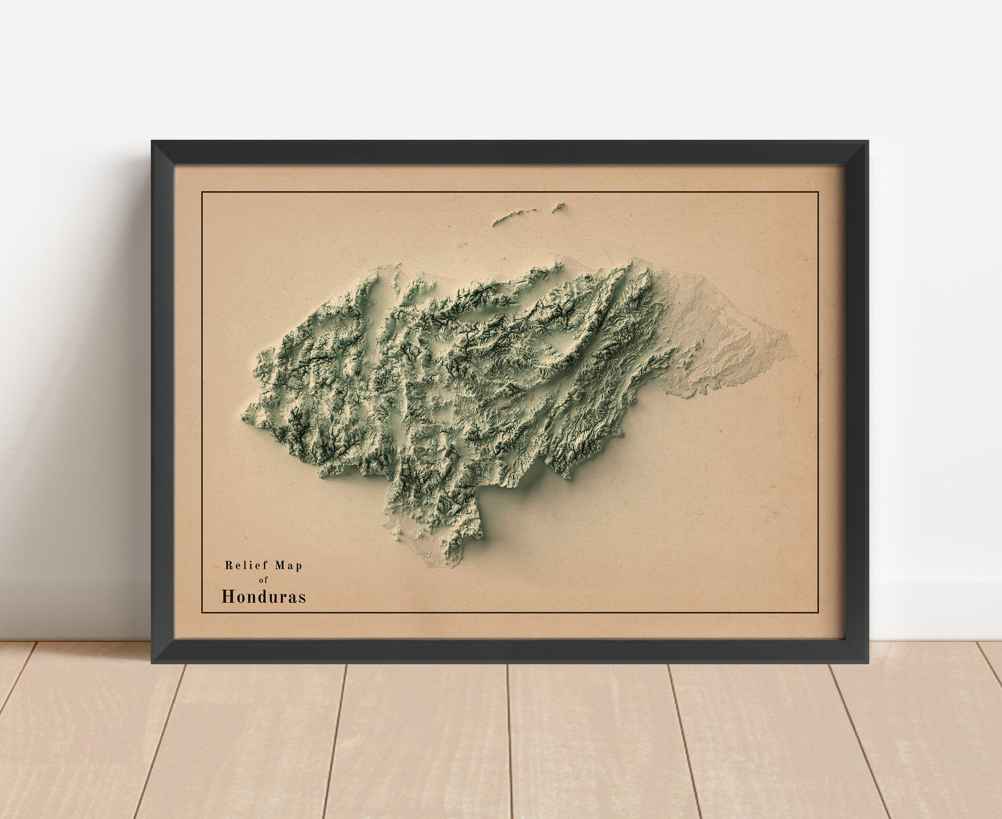 Vintage Honduras shaded relief map in black frame. Artistic print with realistic terrain effect for wall decor