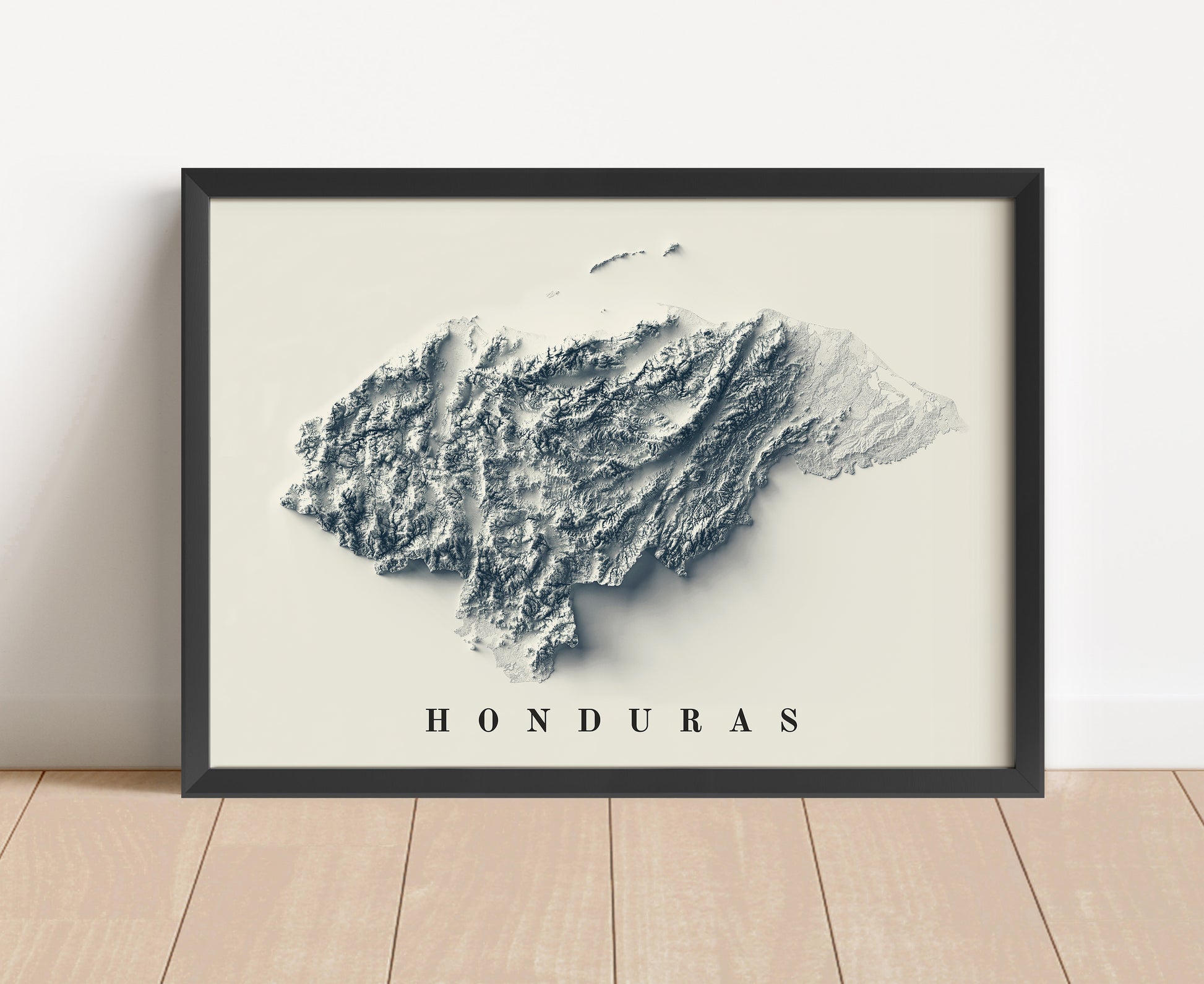 Honduras shaded relief map in black frame. Artistic print with realistic terrain effect for wall decor