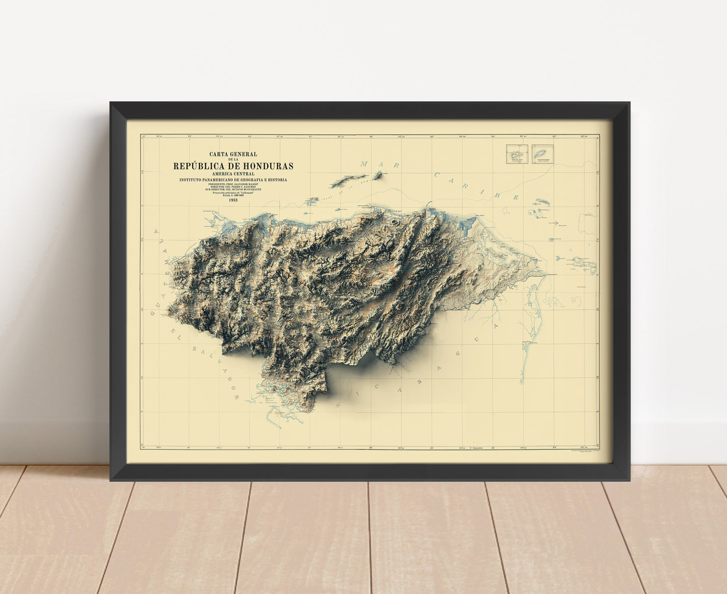 Vintage Honduras shaded relief map in black frame. Artistic print with realistic terrain effect for wall decor