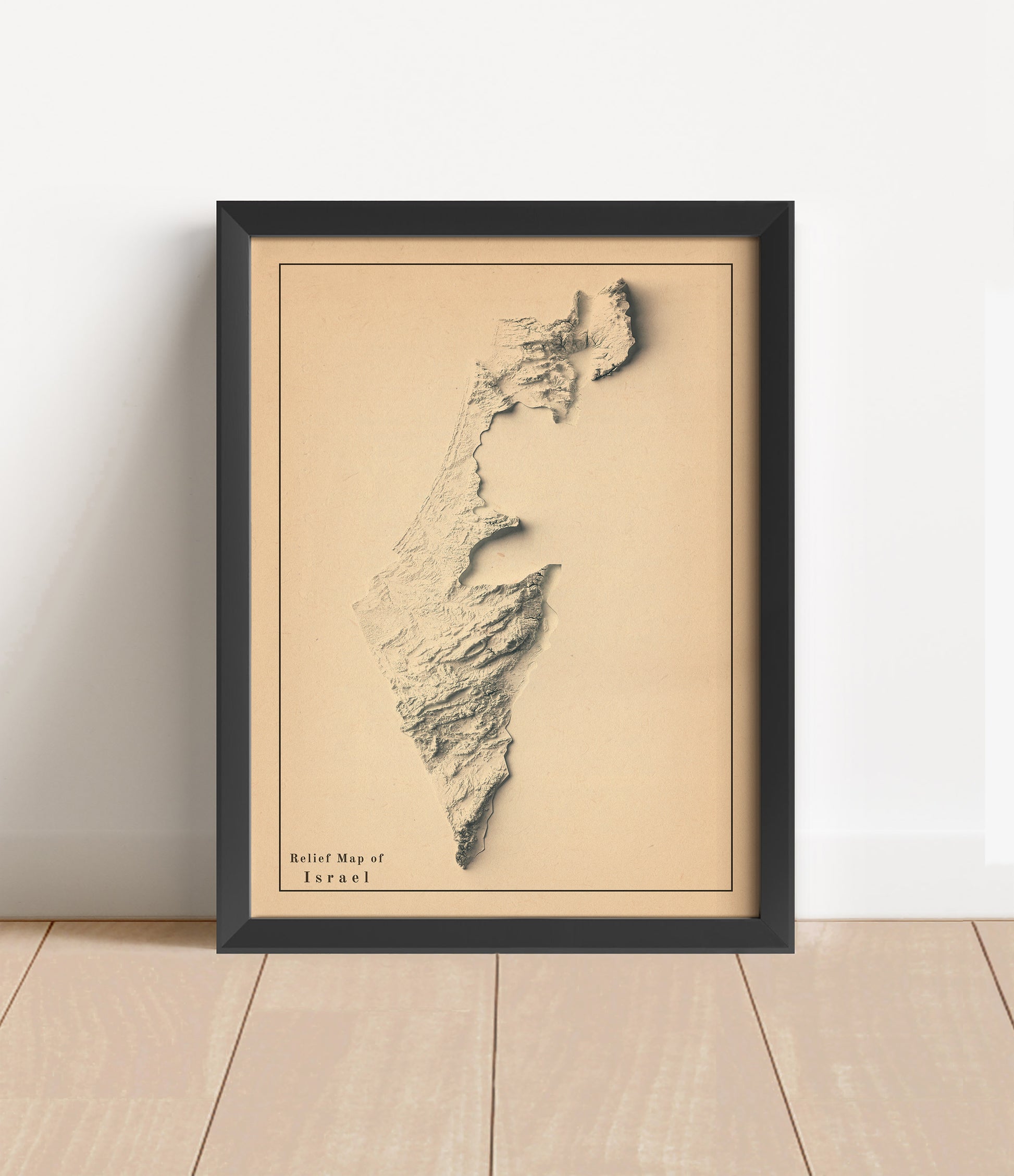 Vintage Israel shaded relief map in black frame. Artistic print with realistic terrain effect for wall decor