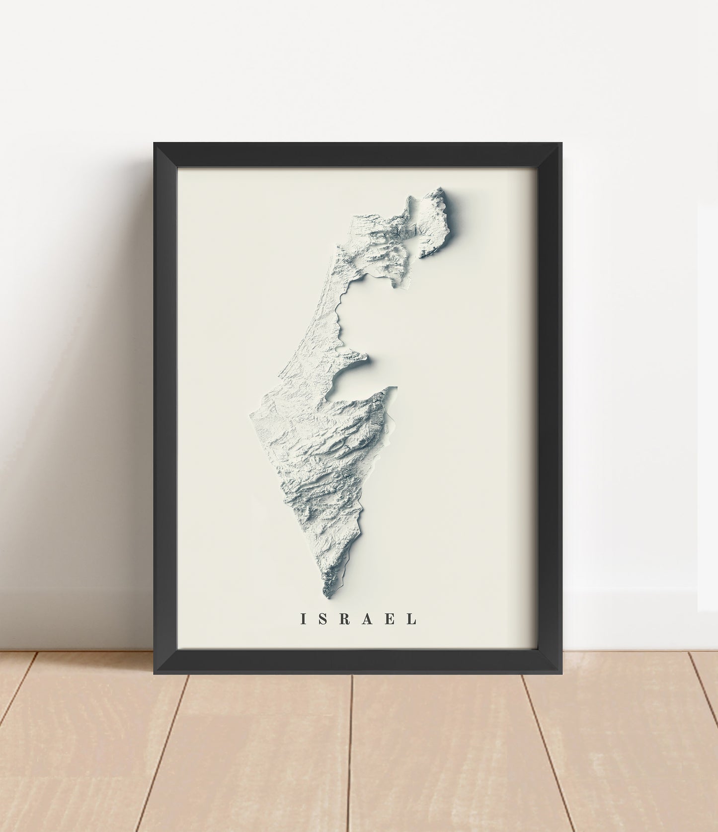 Israel shaded relief map in black frame. Artistic print with realistic terrain effect for wall decor