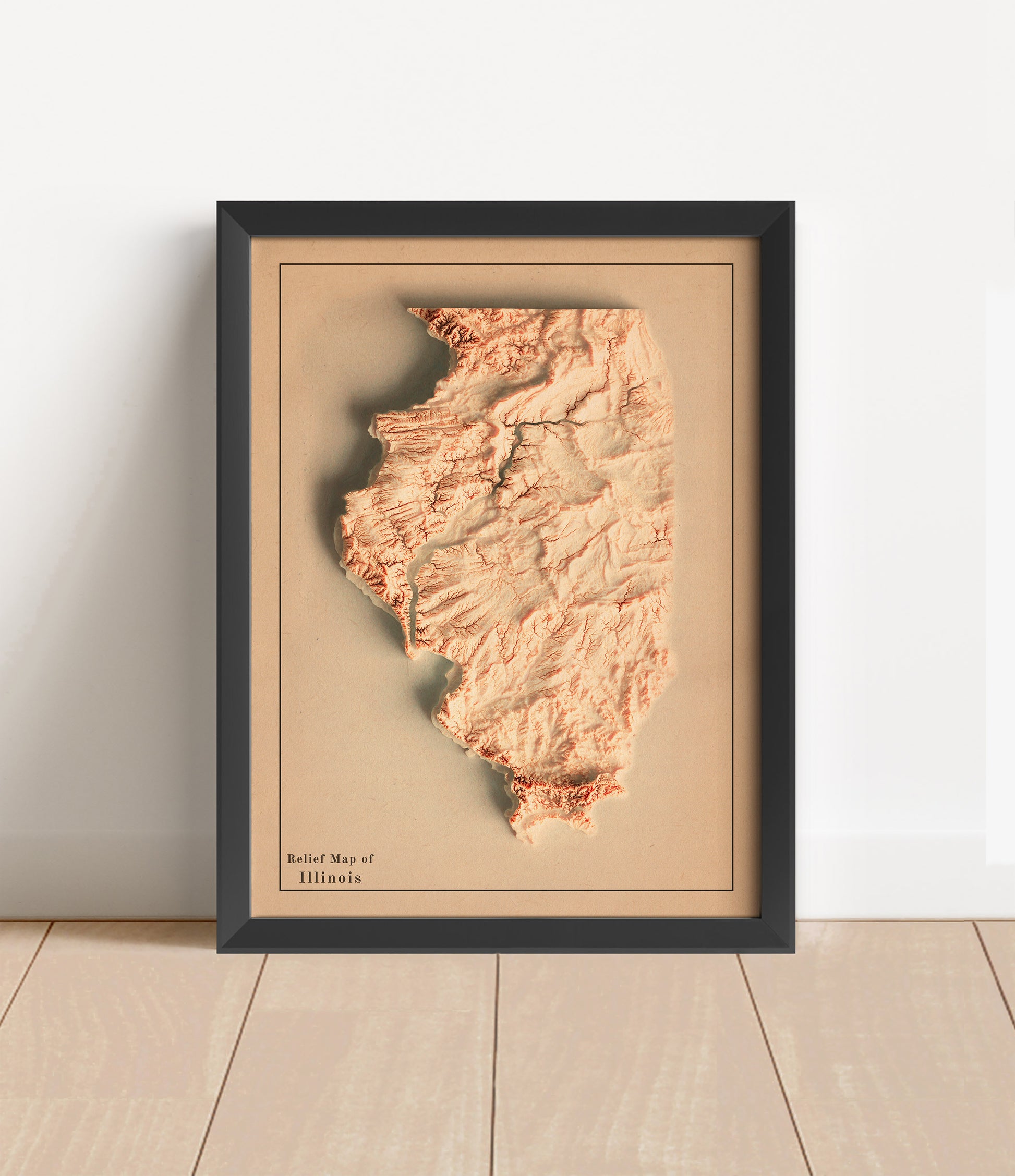 Vintage Illinois shaded relief map in black frame. Artistic print with realistic terrain effect for wall decor