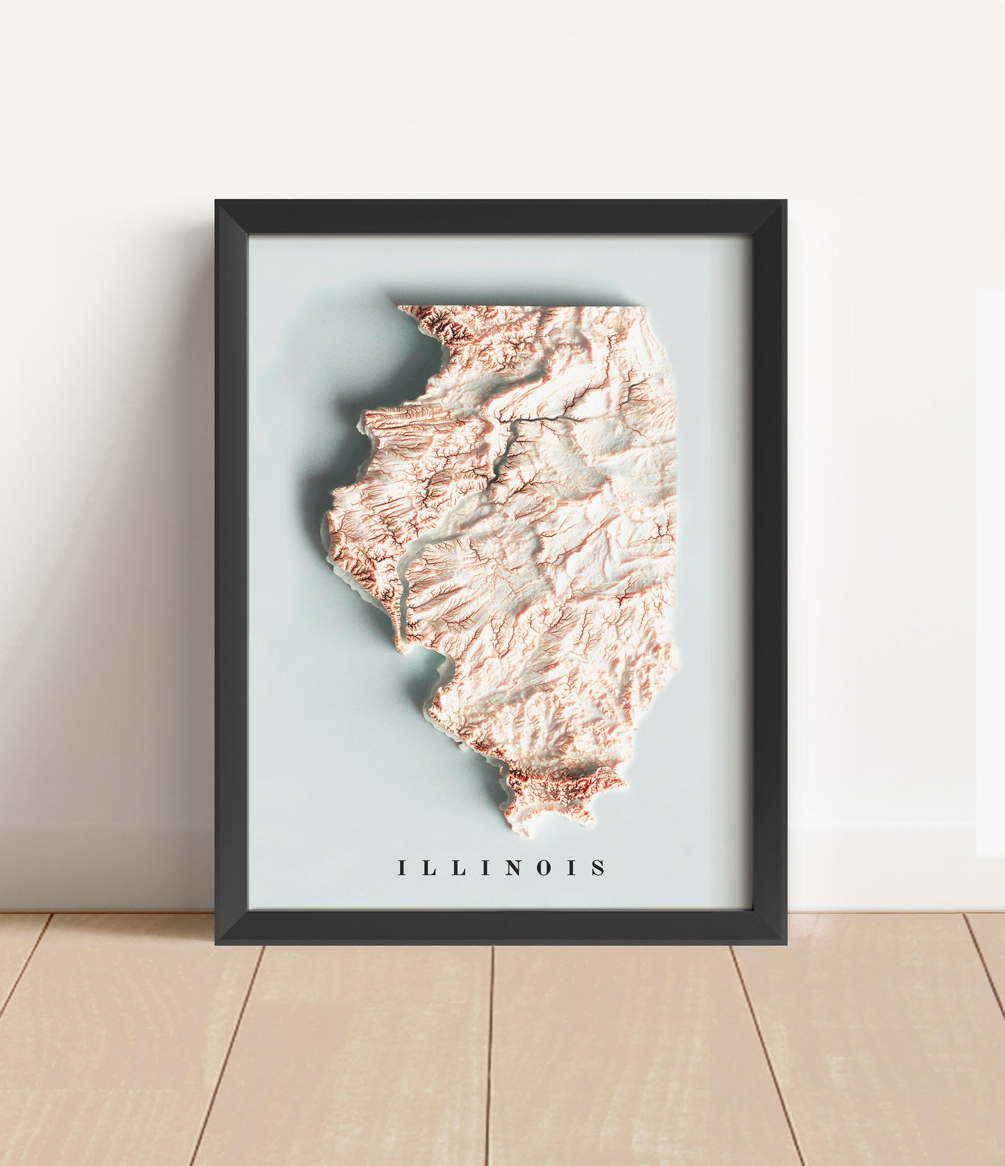 Illinois shaded relief map in black frame. Artistic print with realistic terrain effect for wall decor