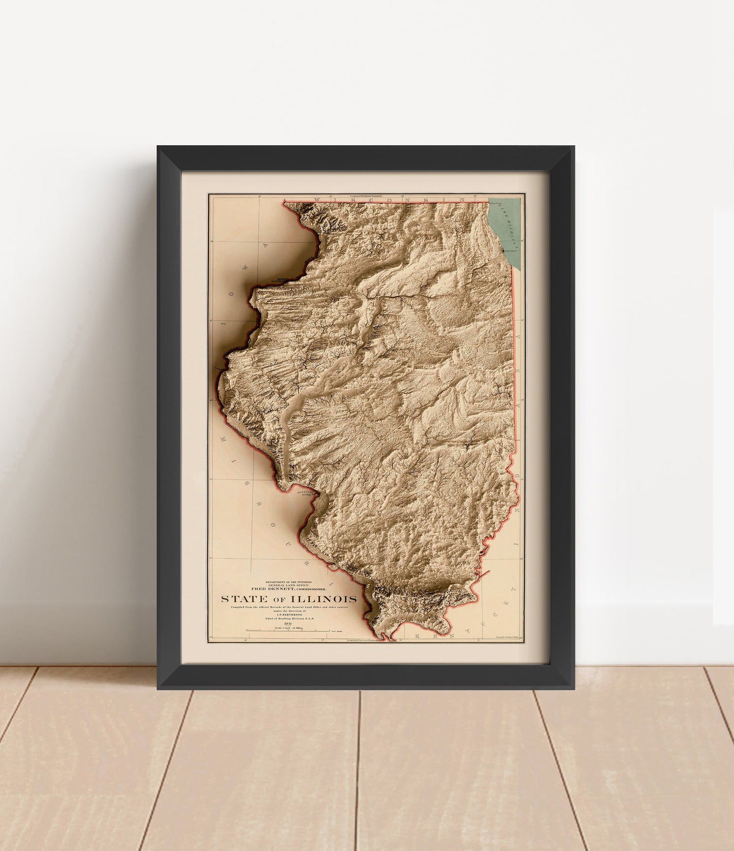 Vintage Illinois shaded relief map in black frame. Artistic print with realistic terrain effect for wall decor
