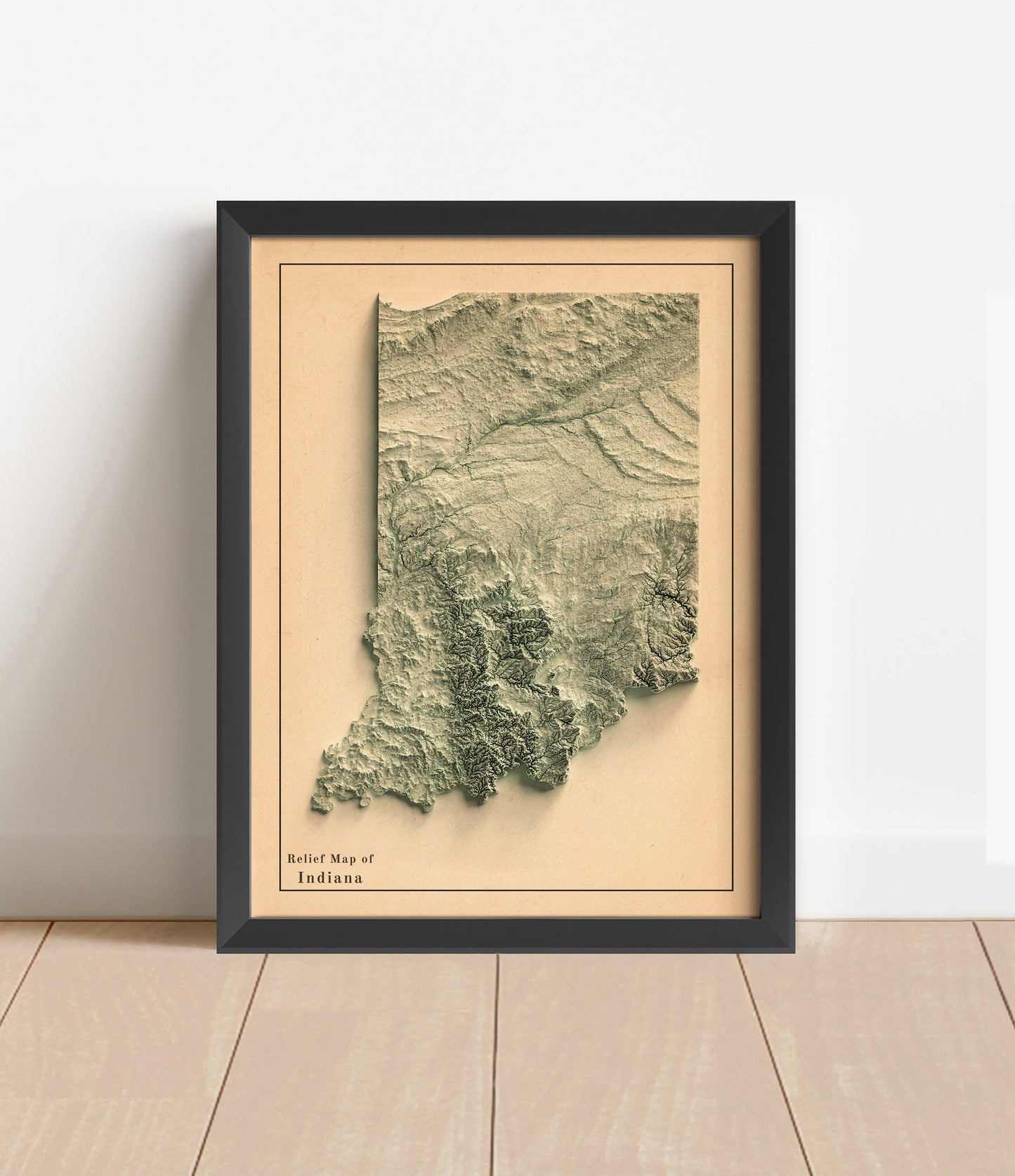 Vintage Indiana shaded relief map in black frame. Artistic print with realistic terrain effect for wall decor