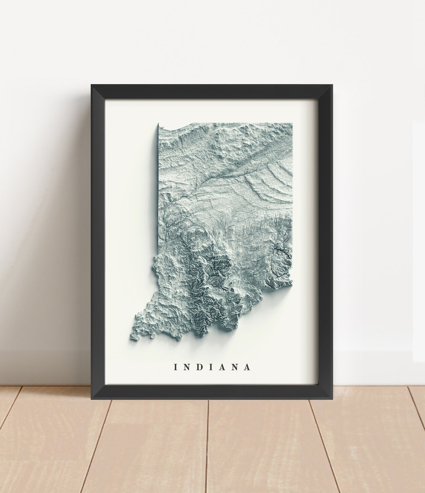 Indiana shaded relief map in black frame. Artistic print with realistic terrain effect for wall decor