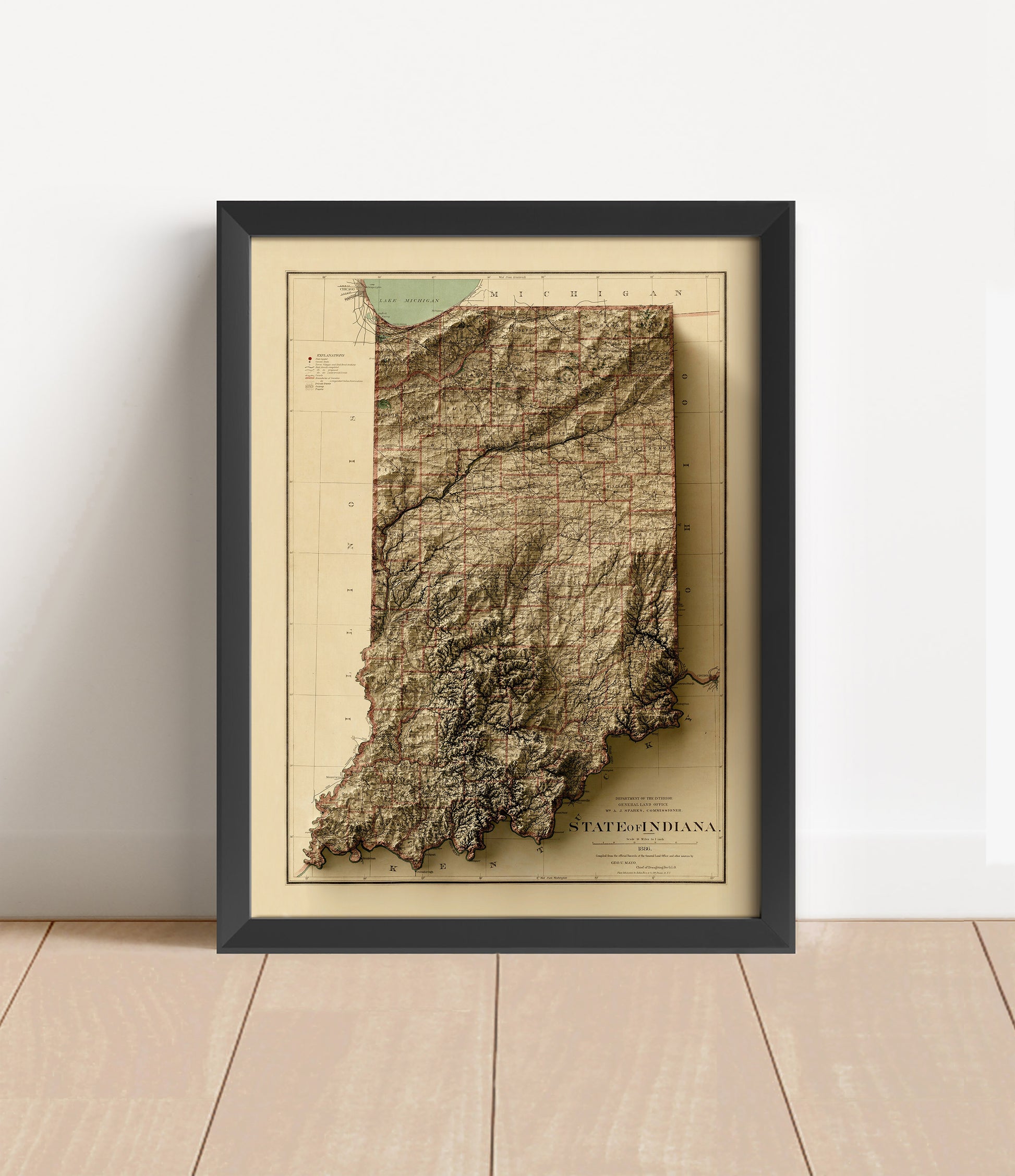 Vintage Indiana shaded relief map in black frame. Artistic print with realistic terrain effect for wall decor