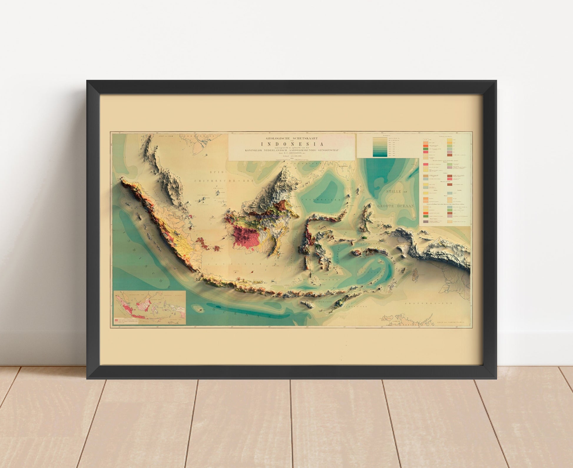 Vintage Indonesia shaded relief map in black frame. Artistic print with realistic terrain effect for wall decor