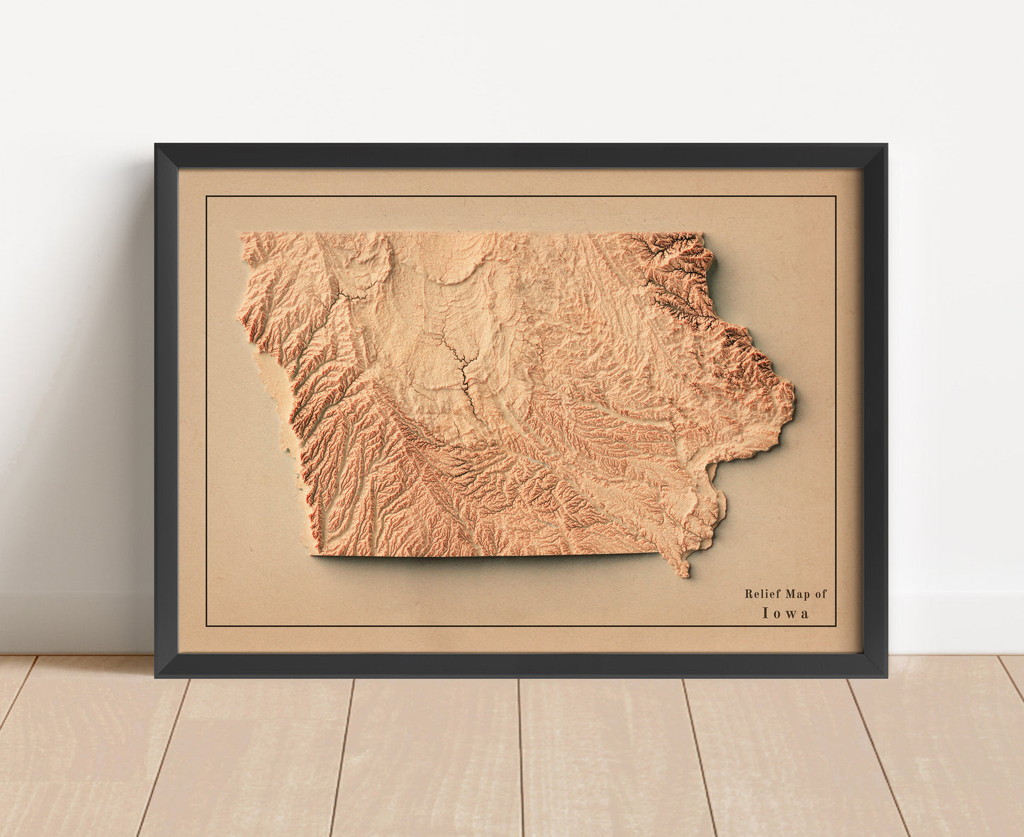 Vintage Iowa shaded relief map in black frame. Artistic print with realistic terrain effect for wall decor