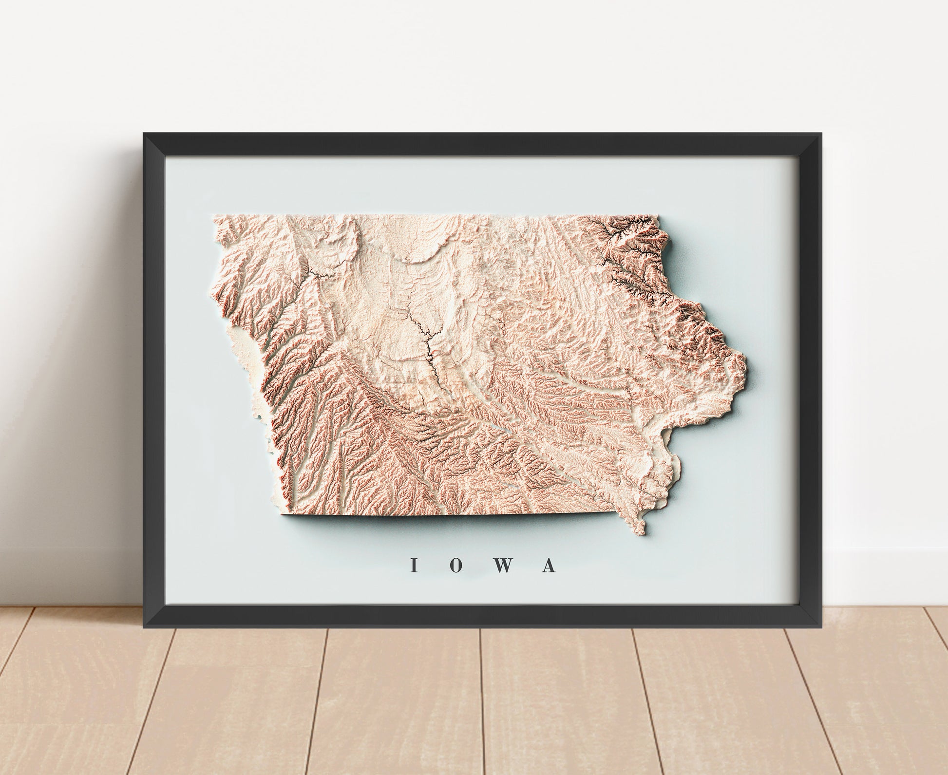 Iowa shaded relief map in black frame. Artistic print with realistic terrain effect for wall decor