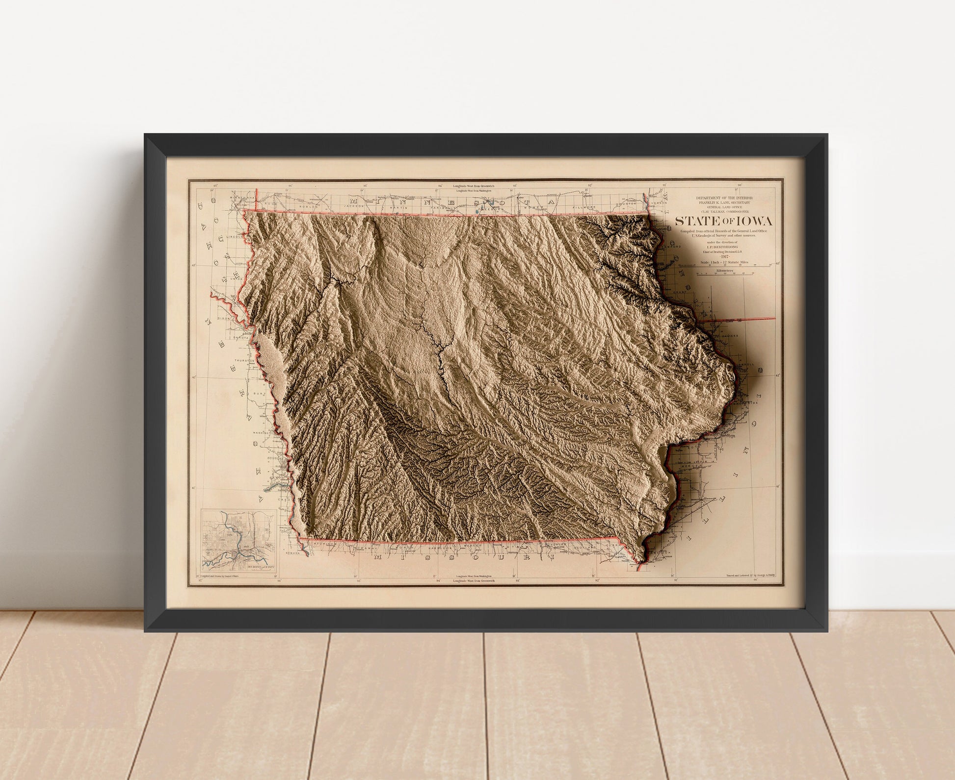 Vintage Iowa shaded relief map in black frame. Artistic print with realistic terrain effect for wall decor