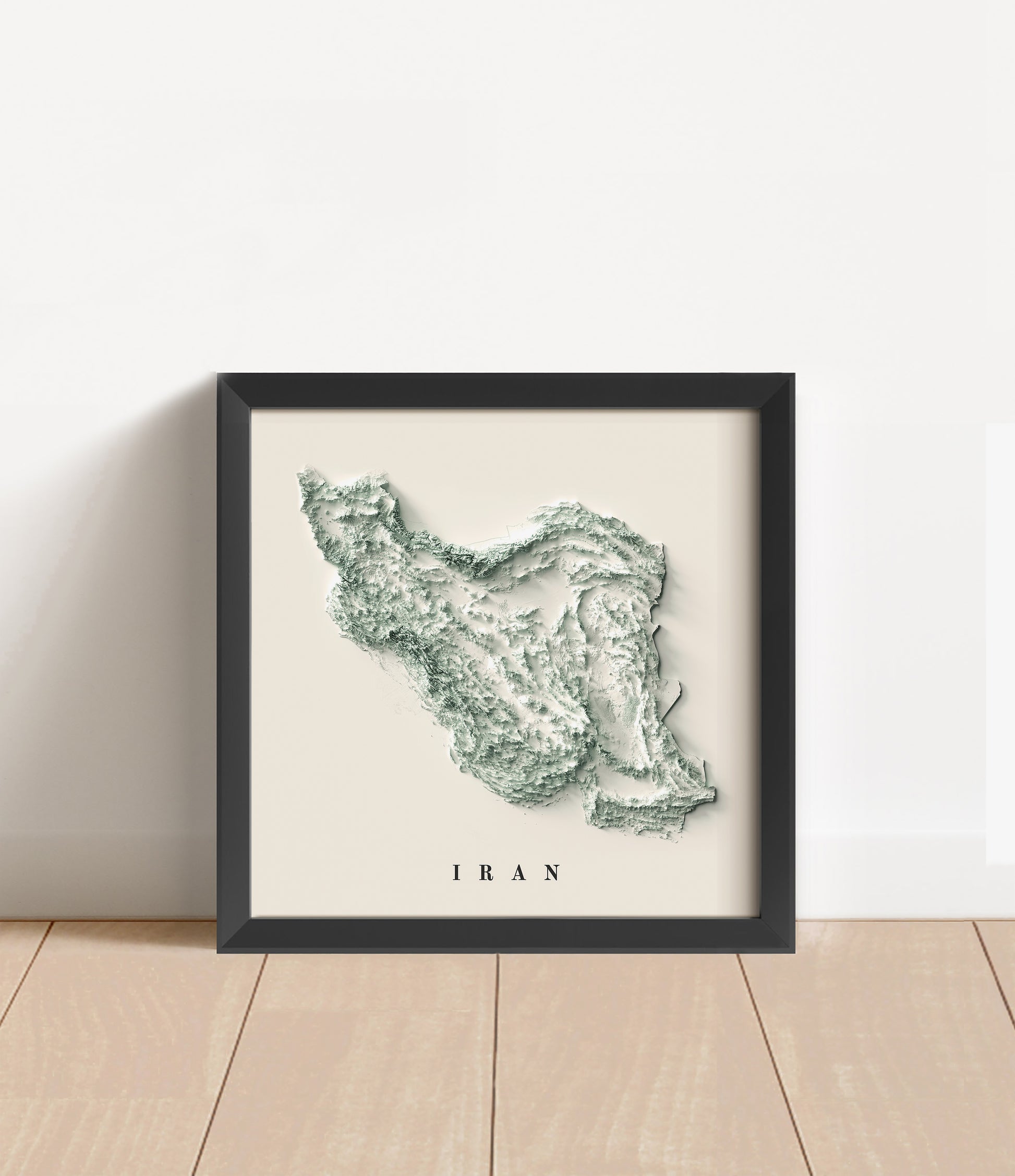 Iran shaded relief map in black frame. Artistic print with realistic terrain effect for wall decor