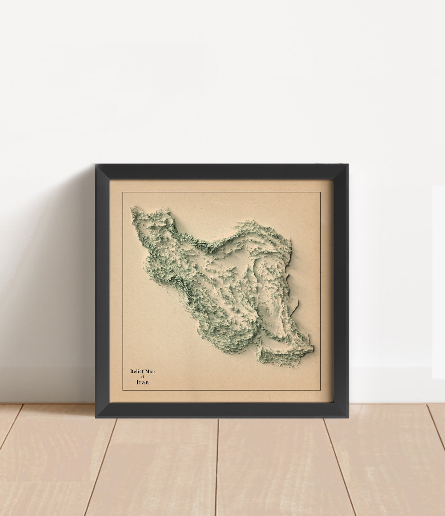 Vintage Iran shaded relief map in black frame. Artistic print with realistic terrain effect for wall decor