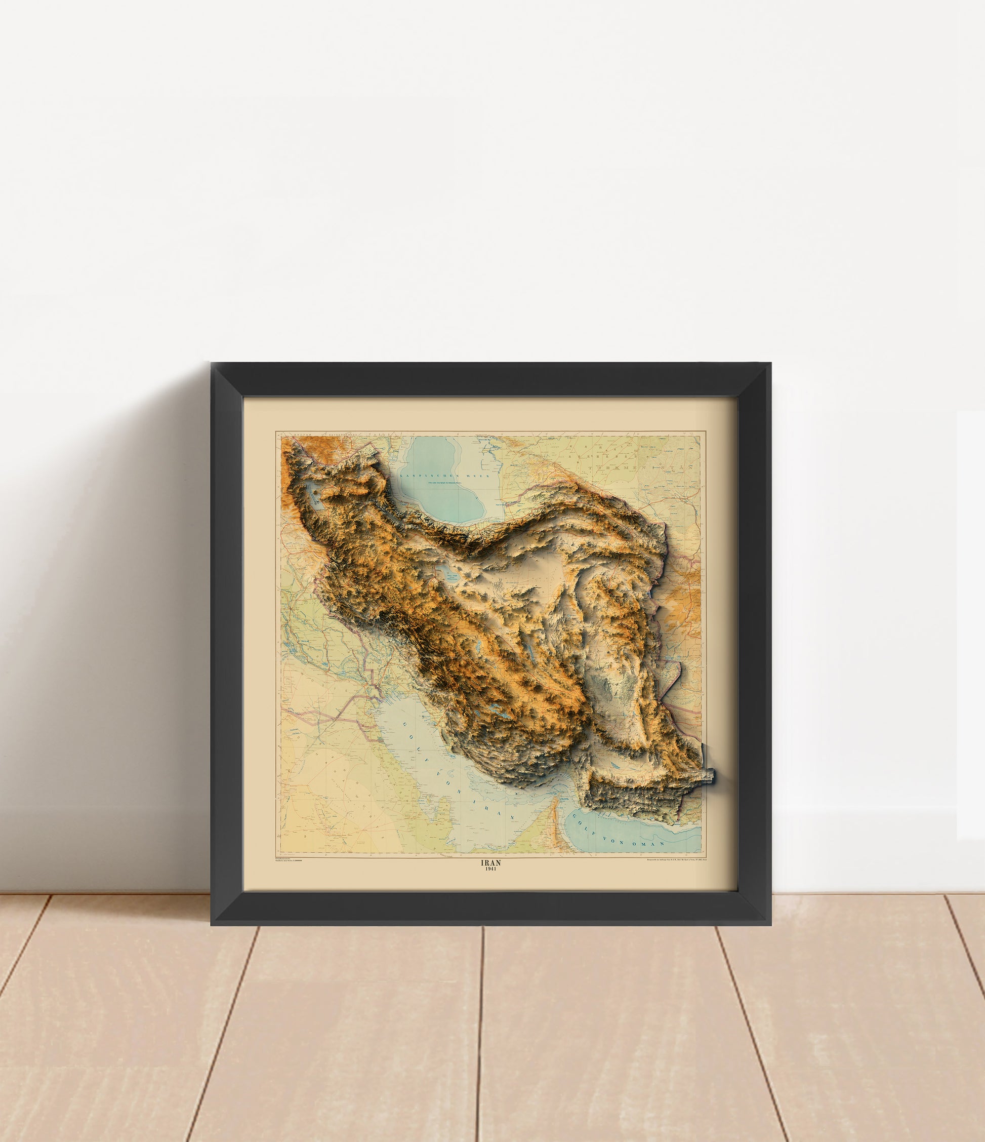 Vintage Iran shaded relief map in black frame. Artistic print with realistic terrain effect for wall decor