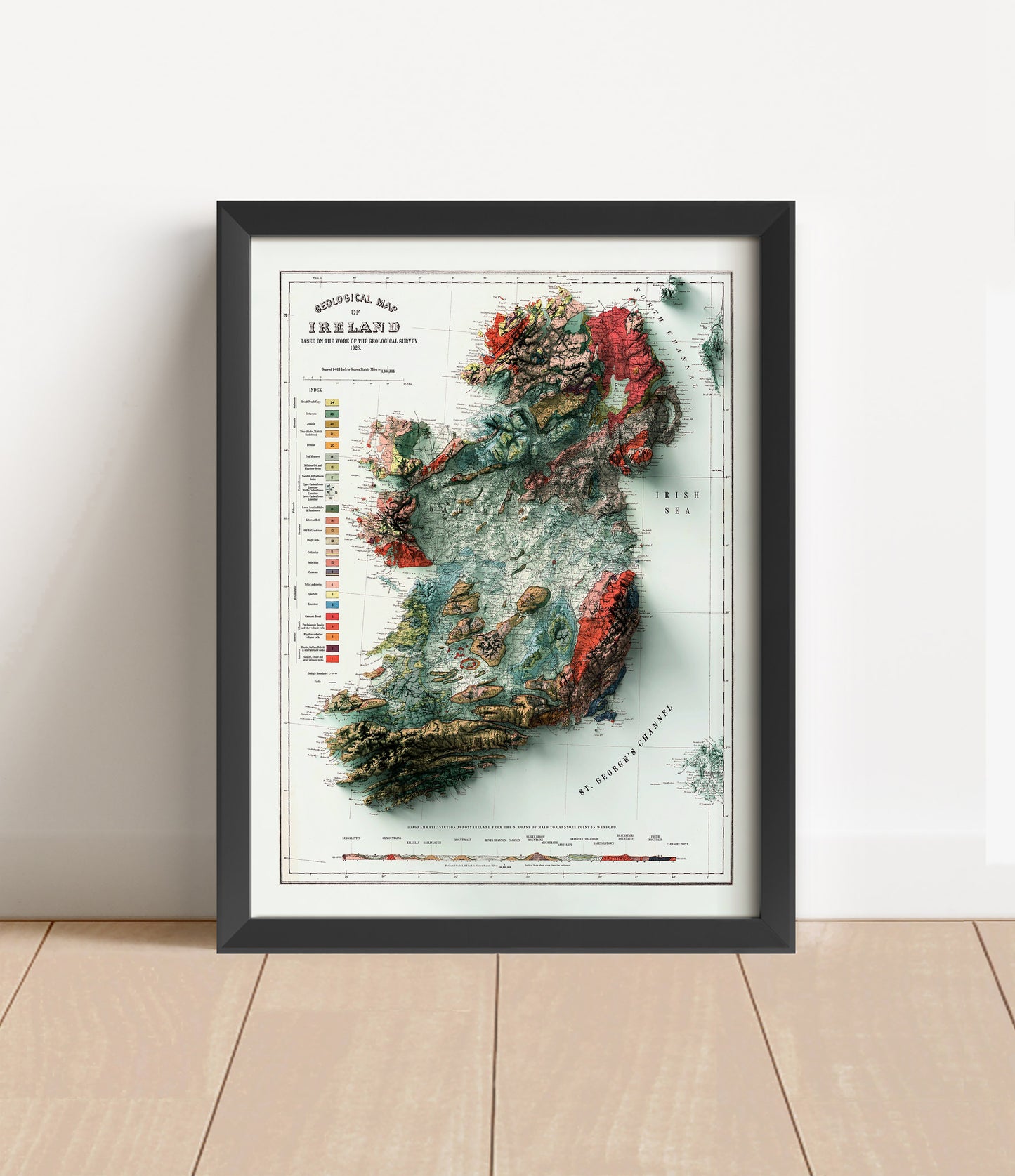 Vintage Ireland shaded relief map in black frame. Artistic print with realistic terrain effect for wall decor