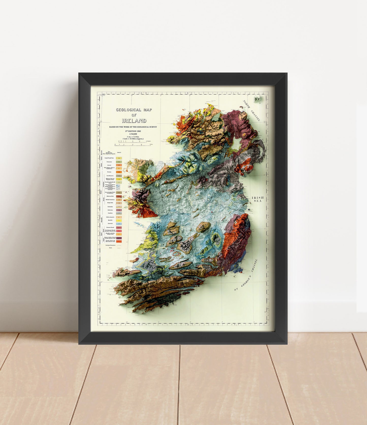 Vintage Ireland shaded relief map in black frame. Artistic print with realistic terrain effect for wall decor