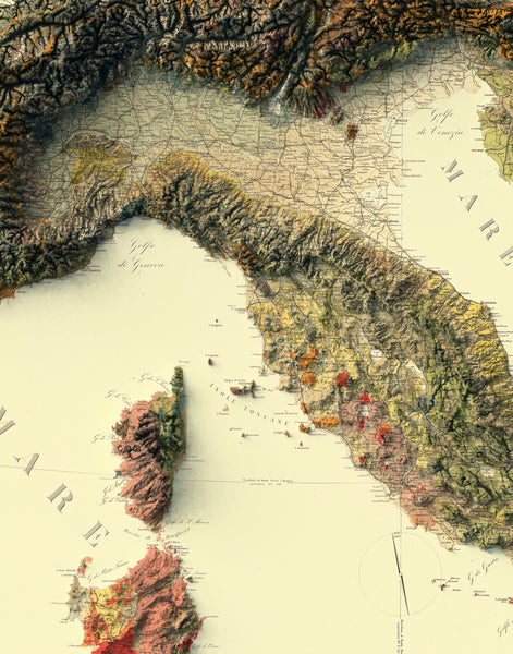 vintage shaded geological relief map of Italy