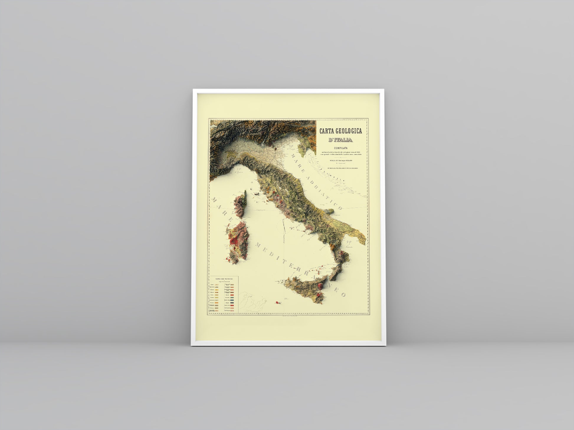 vintage shaded geological relief map of Italy