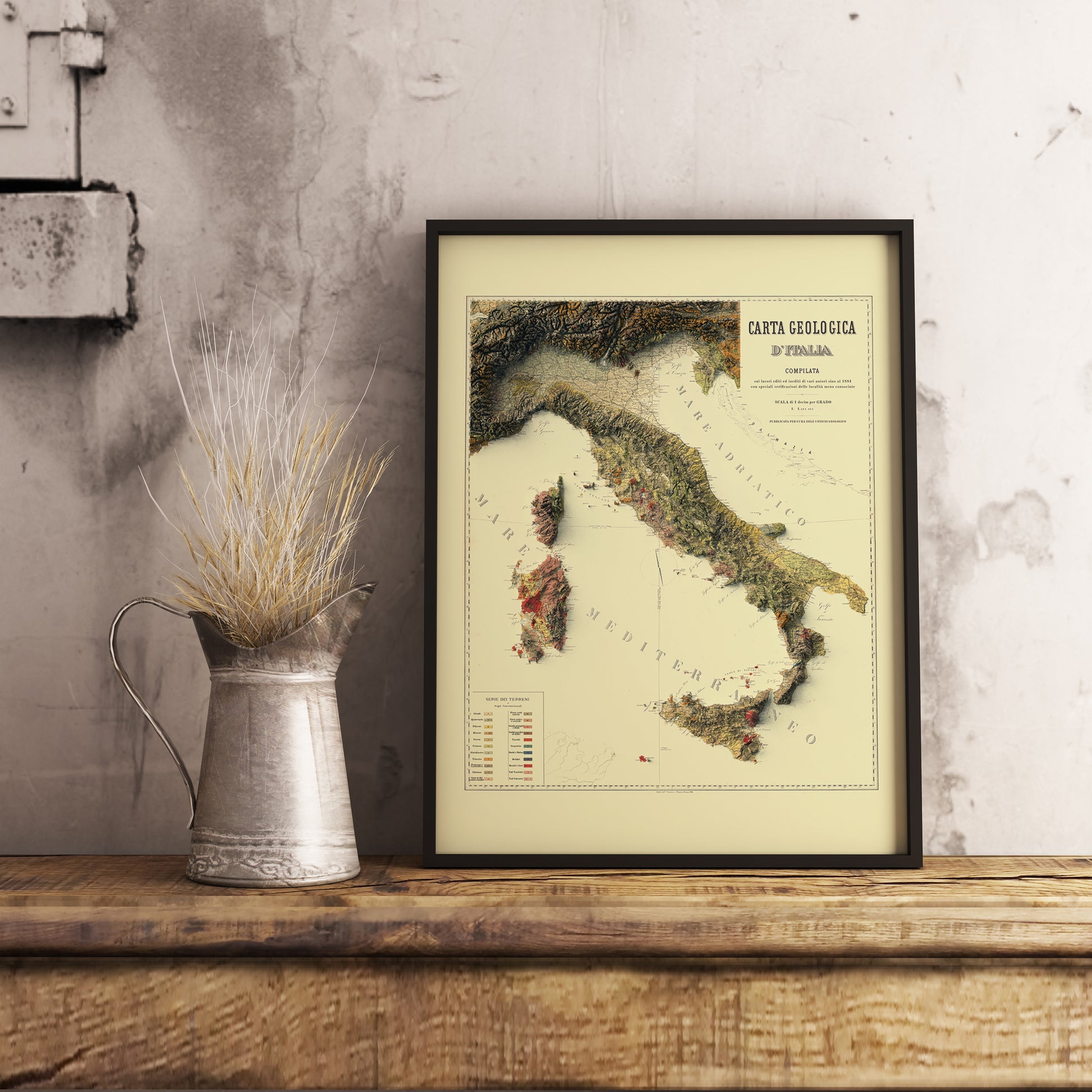 vintage shaded geological relief map of Italy