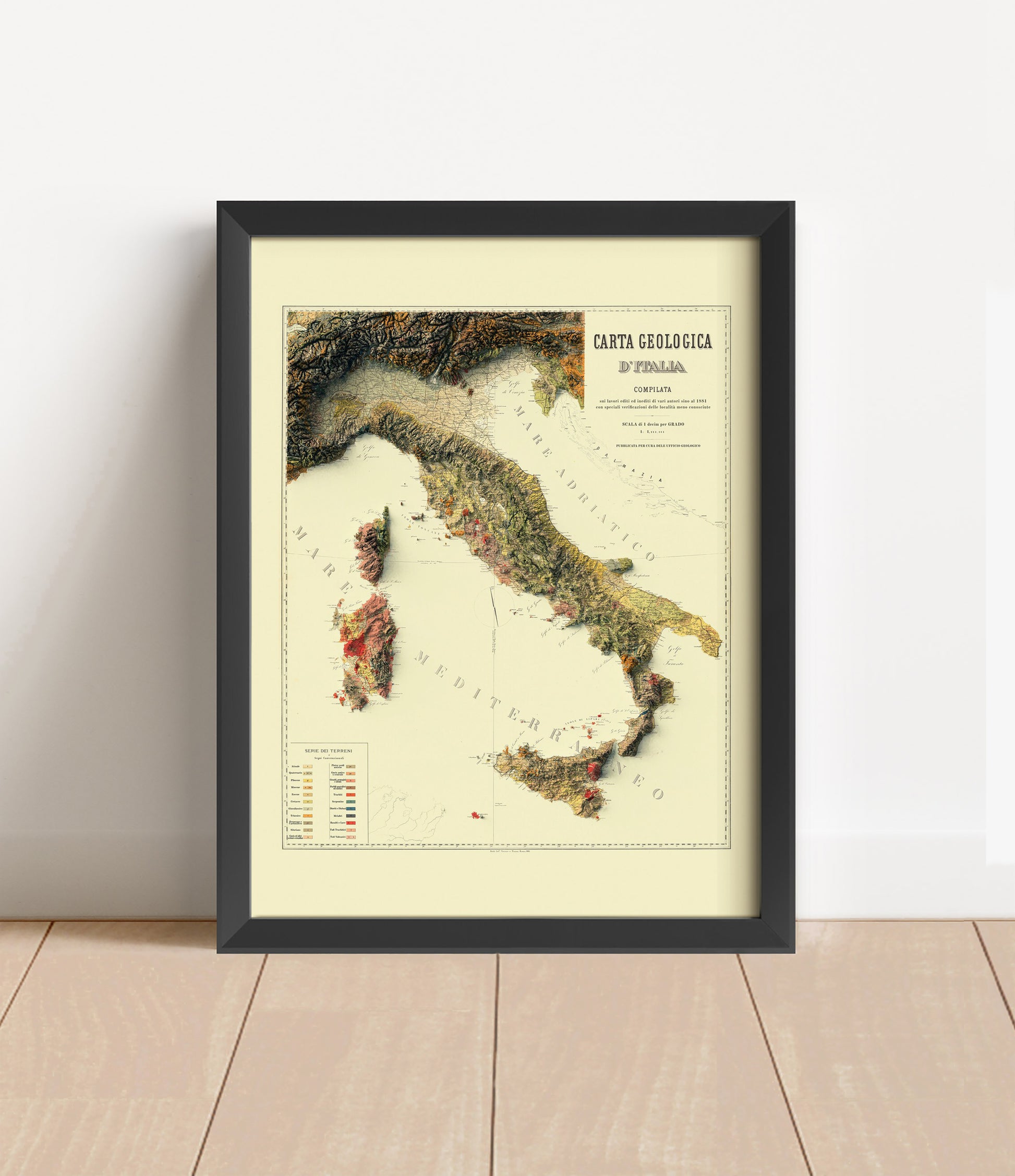 Vintage Italy shaded relief map in black frame. Artistic print with realistic terrain effect for wall decor