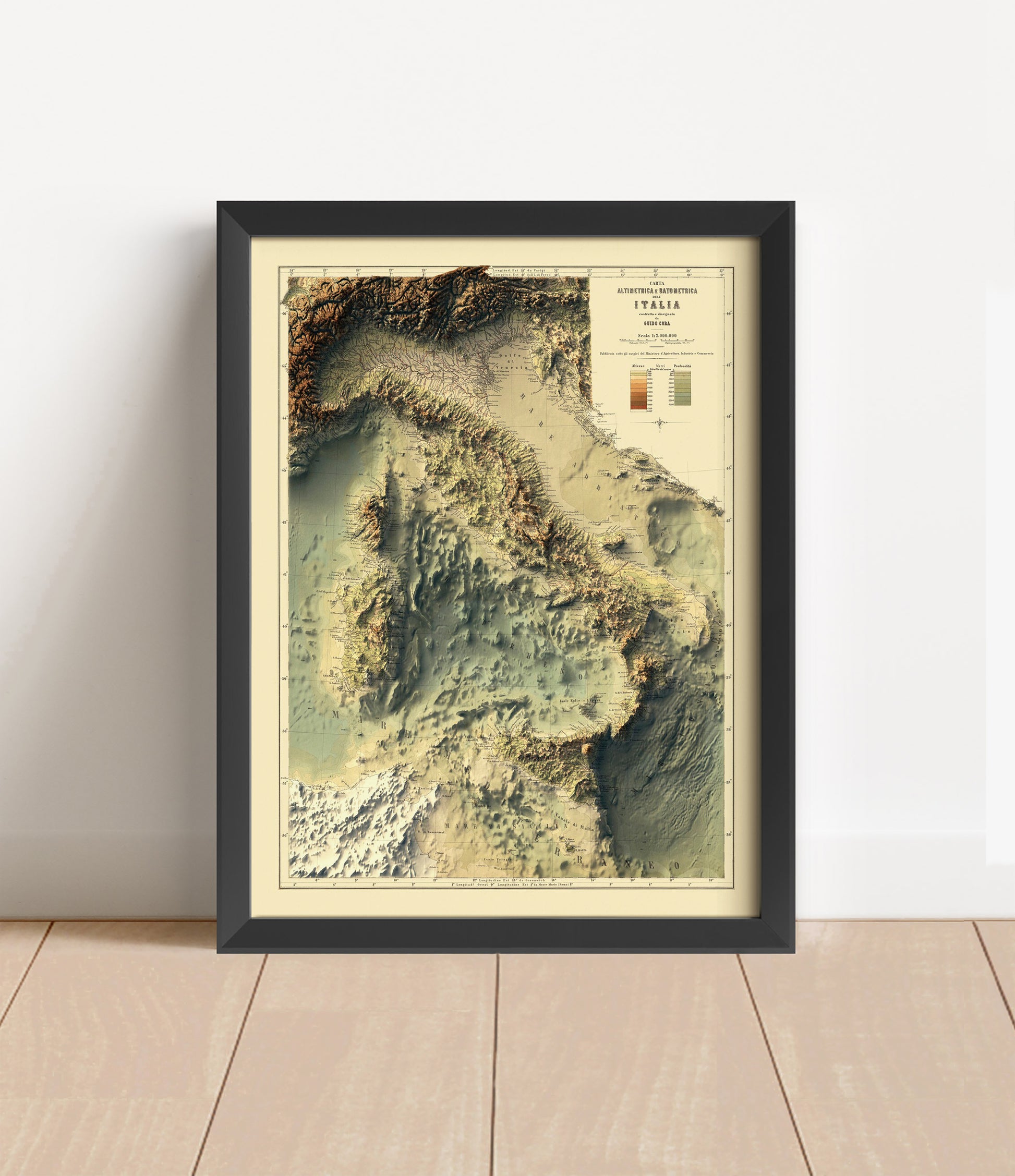 Vintage Italy Bathymetrical shaded relief map in black frame. Artistic print with realistic terrain effect for wall decor
