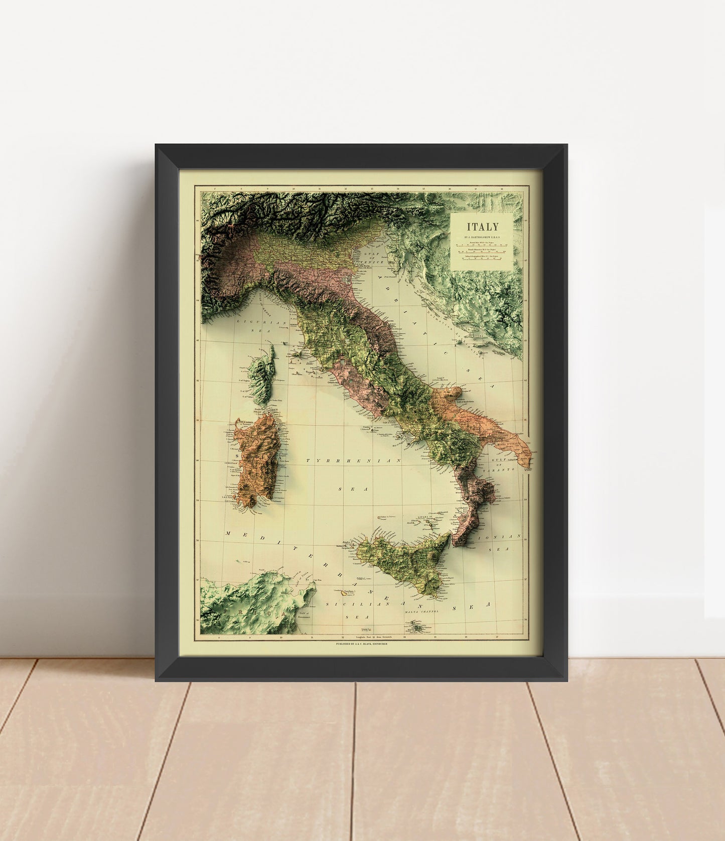 Vintage Italy shaded relief map in black frame. Artistic print with realistic terrain effect for wall decor